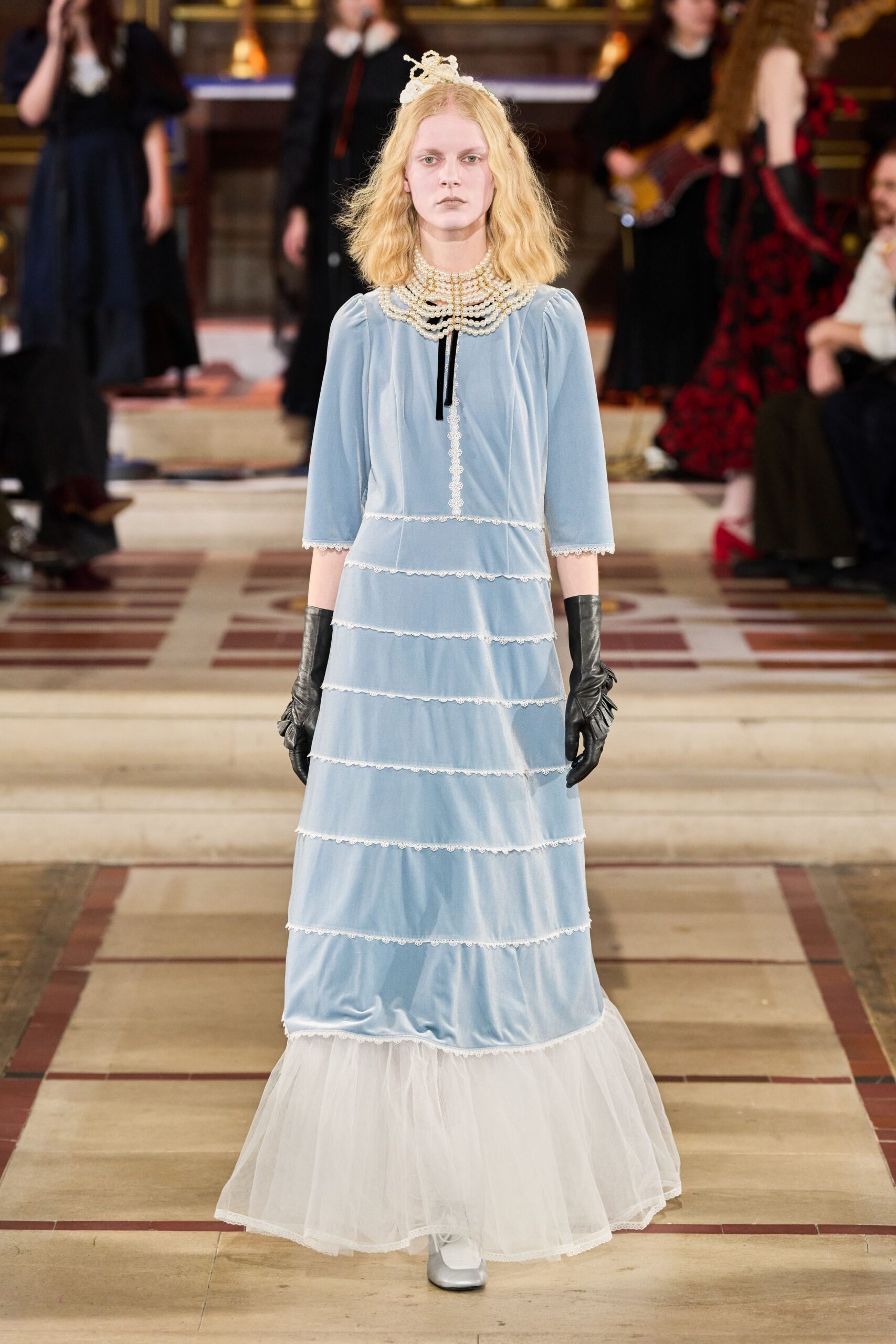 blue velvet long-sleeve collared fitted pleated layered gown