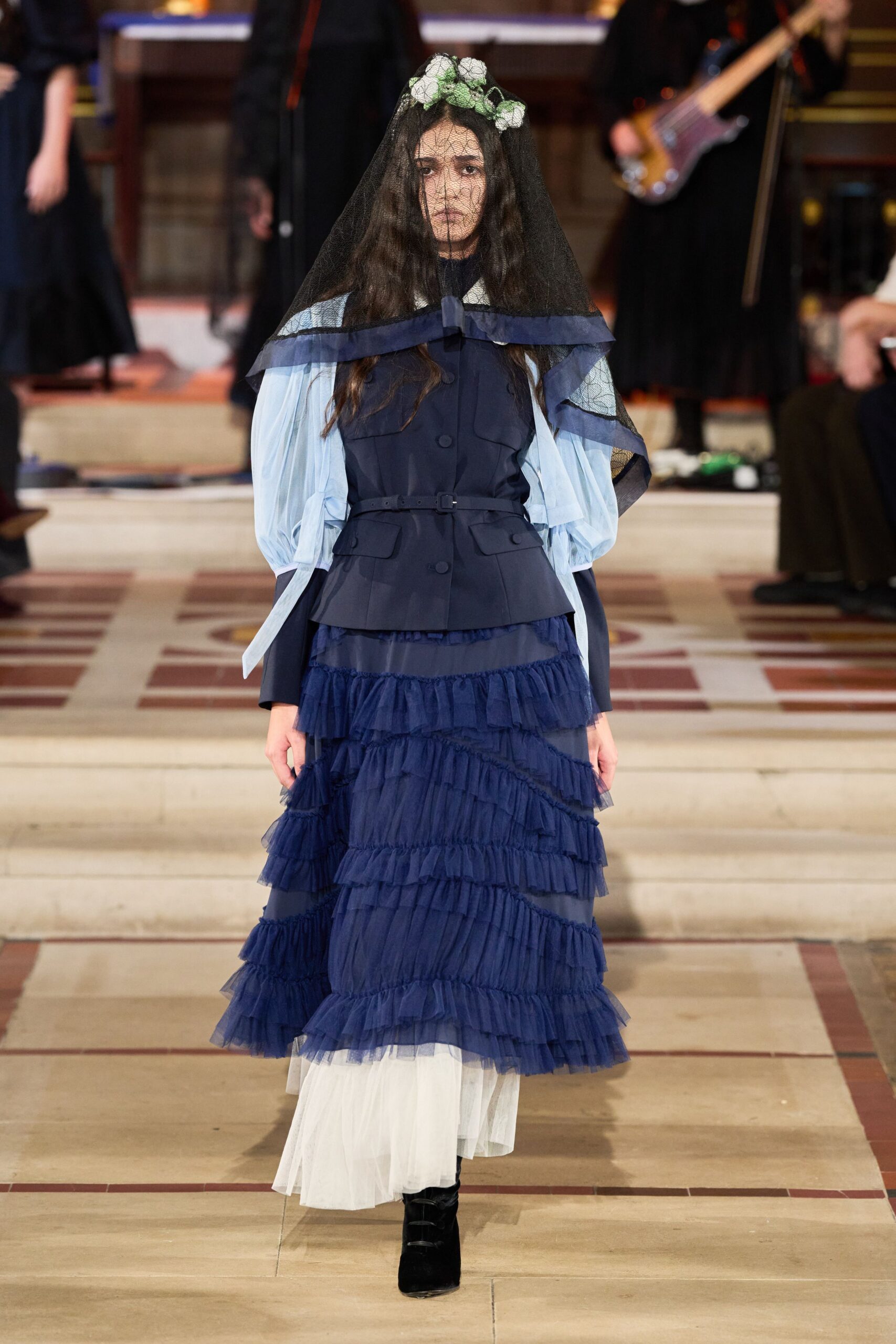 blue cotton long-sleeve collared fitted pleated layered dress