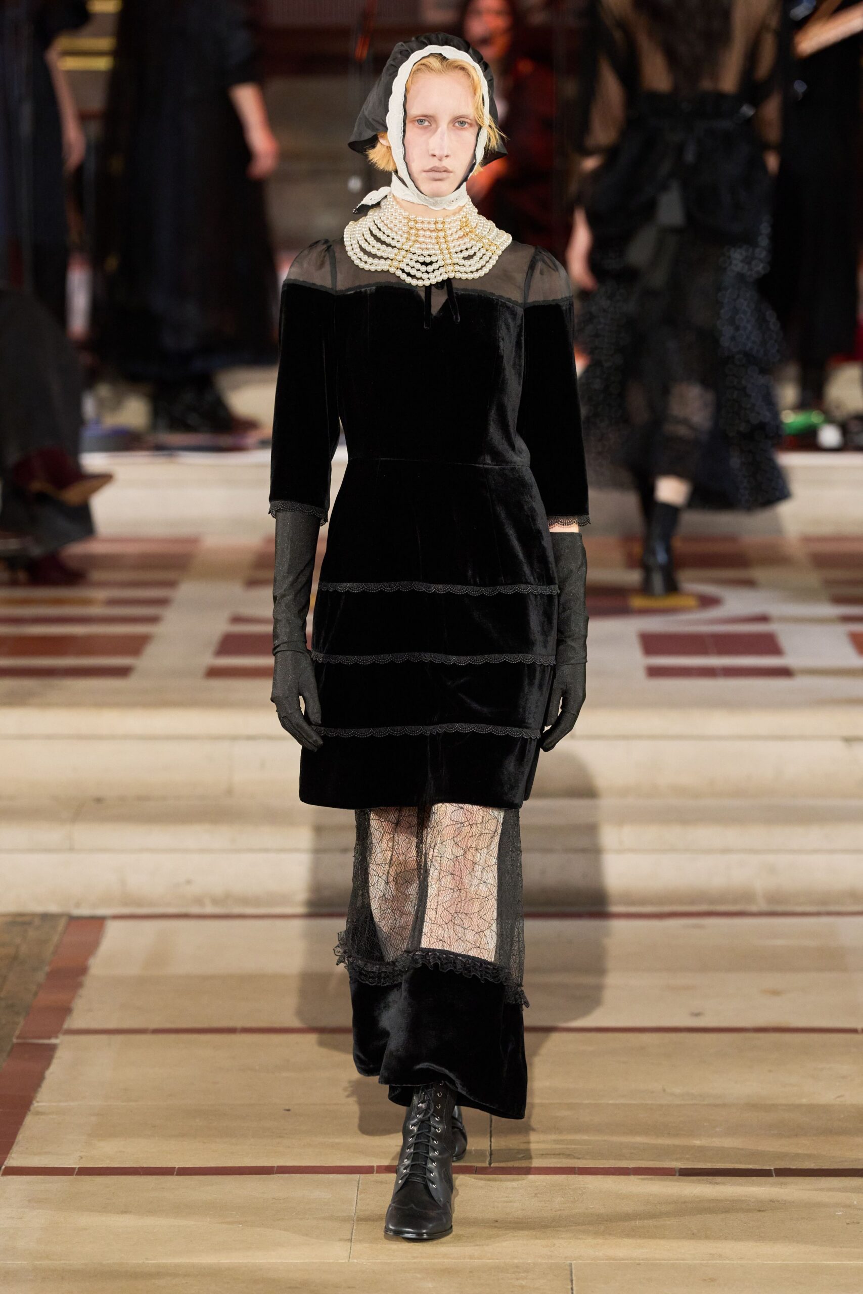 black velvet midi dress with gloves and boots