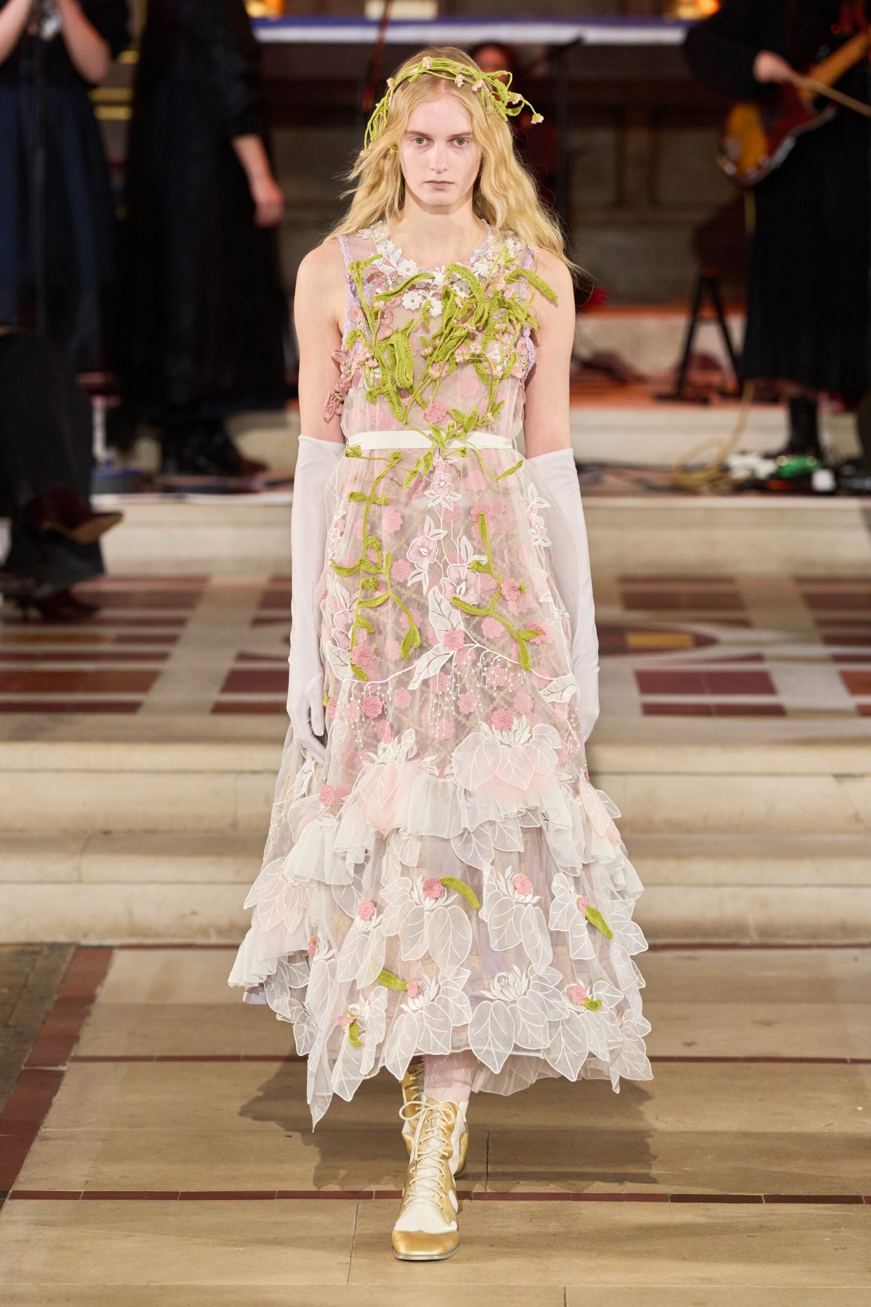 white silk sleeveless v-neck fitted floral layered gown