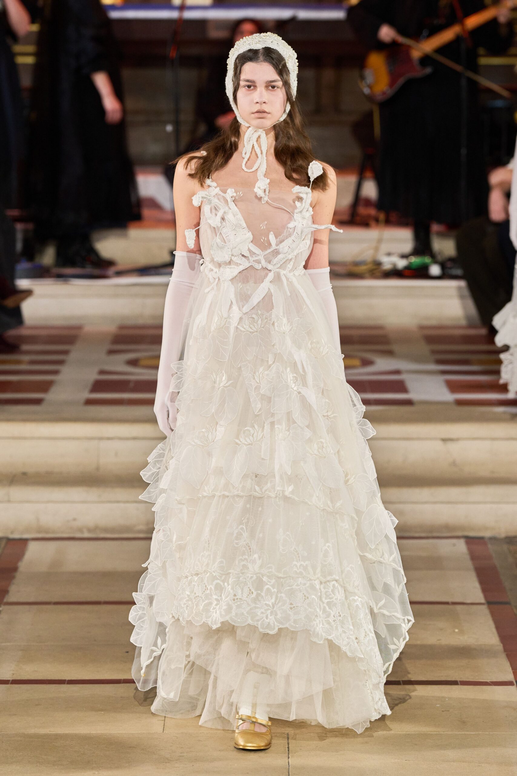 white silk sleeveless v-neck fitted ruffled layered gown