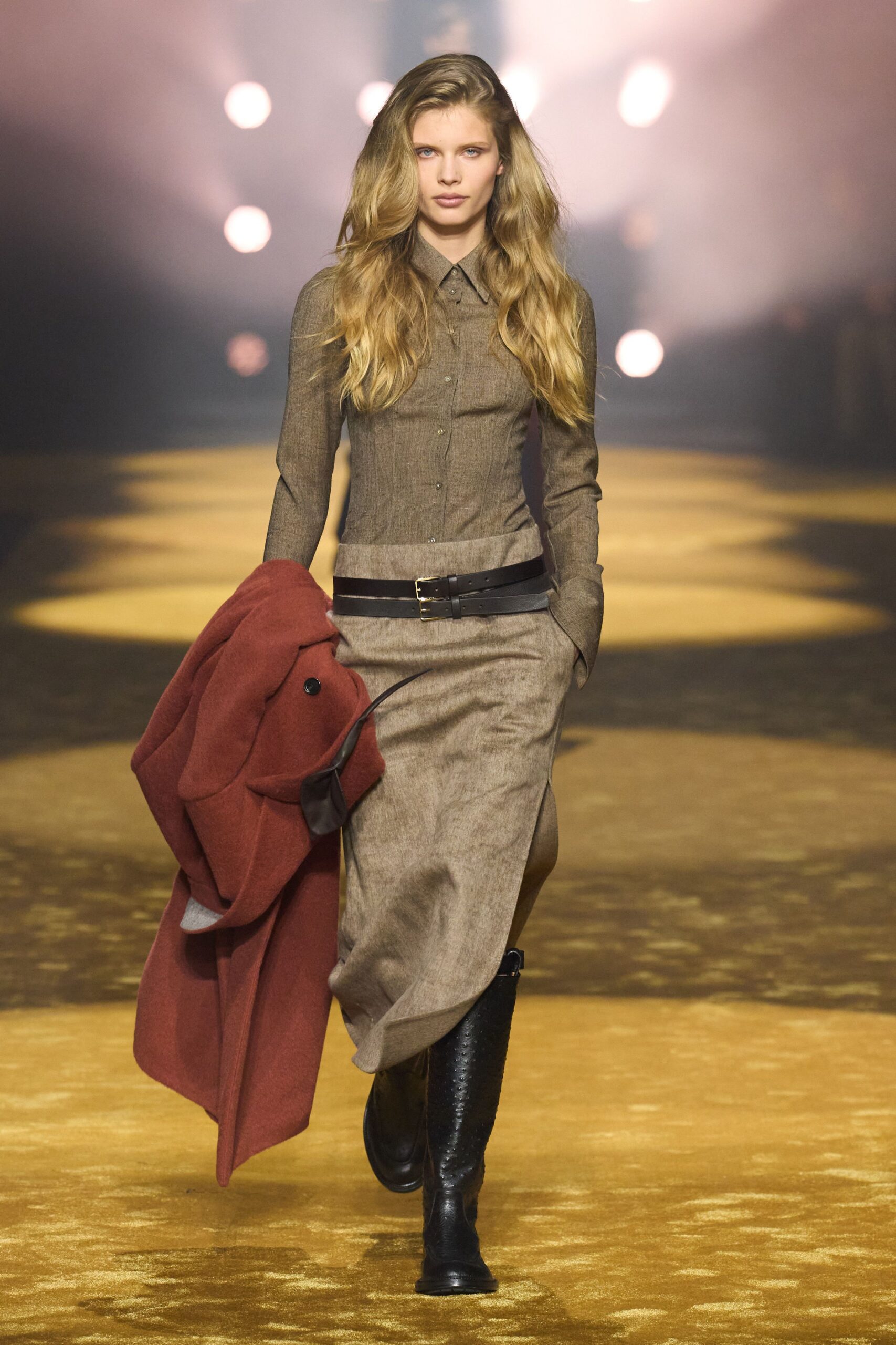 brown shirt-dress with red coat