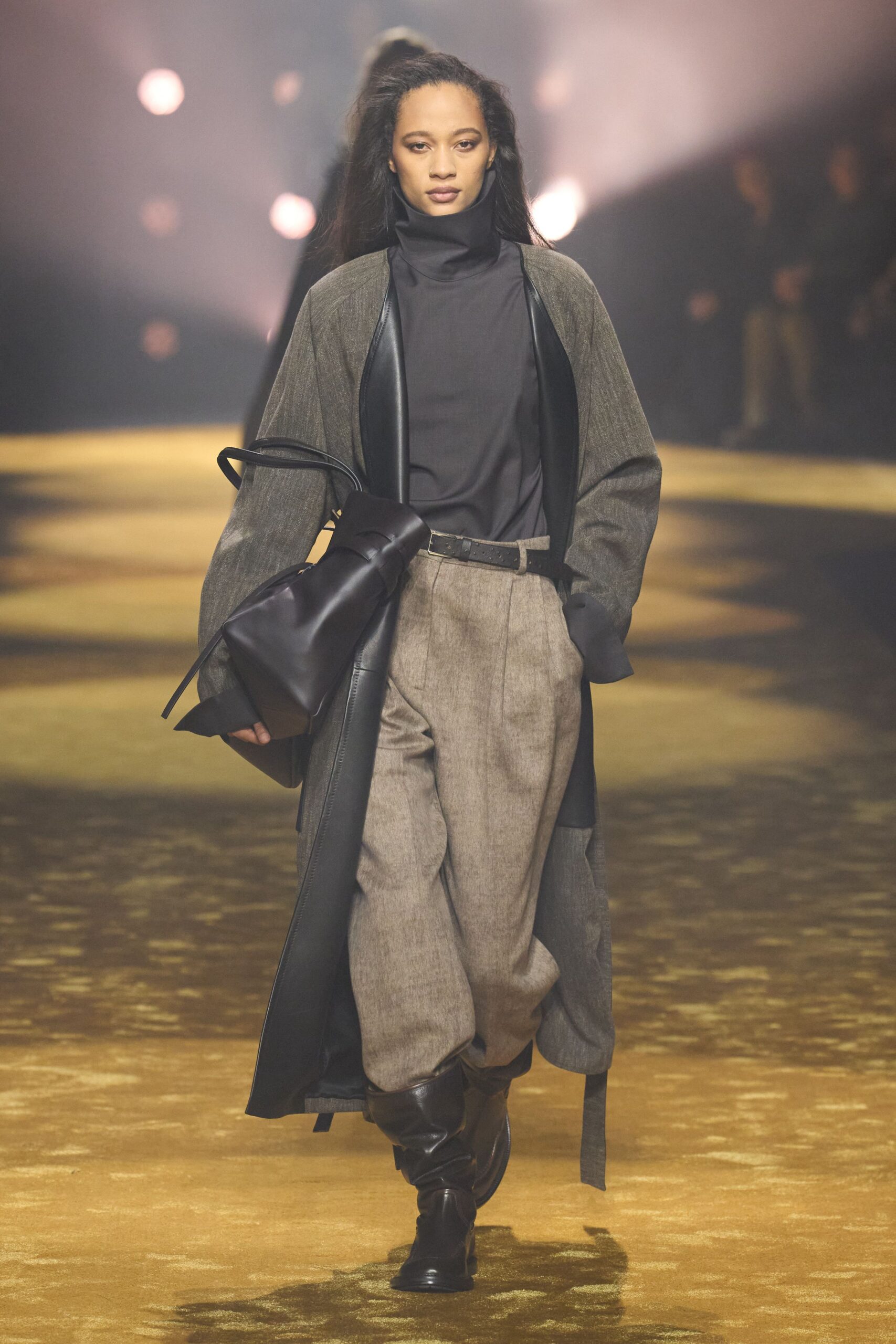 black gray wool coat with beige pants