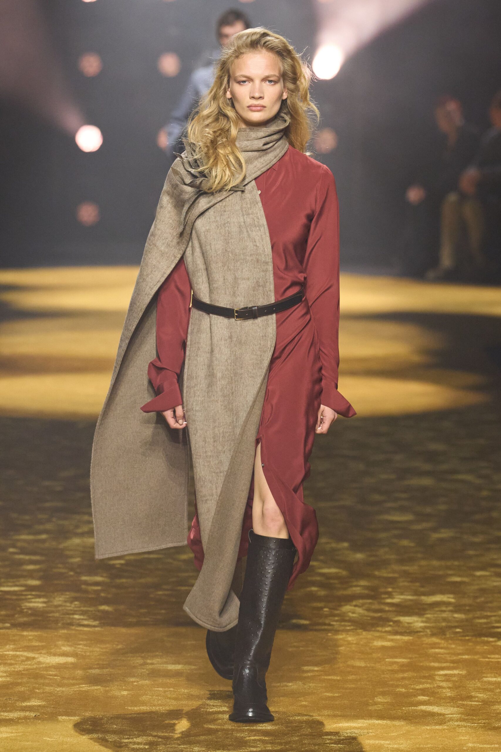 red silk midi dress with beige coat