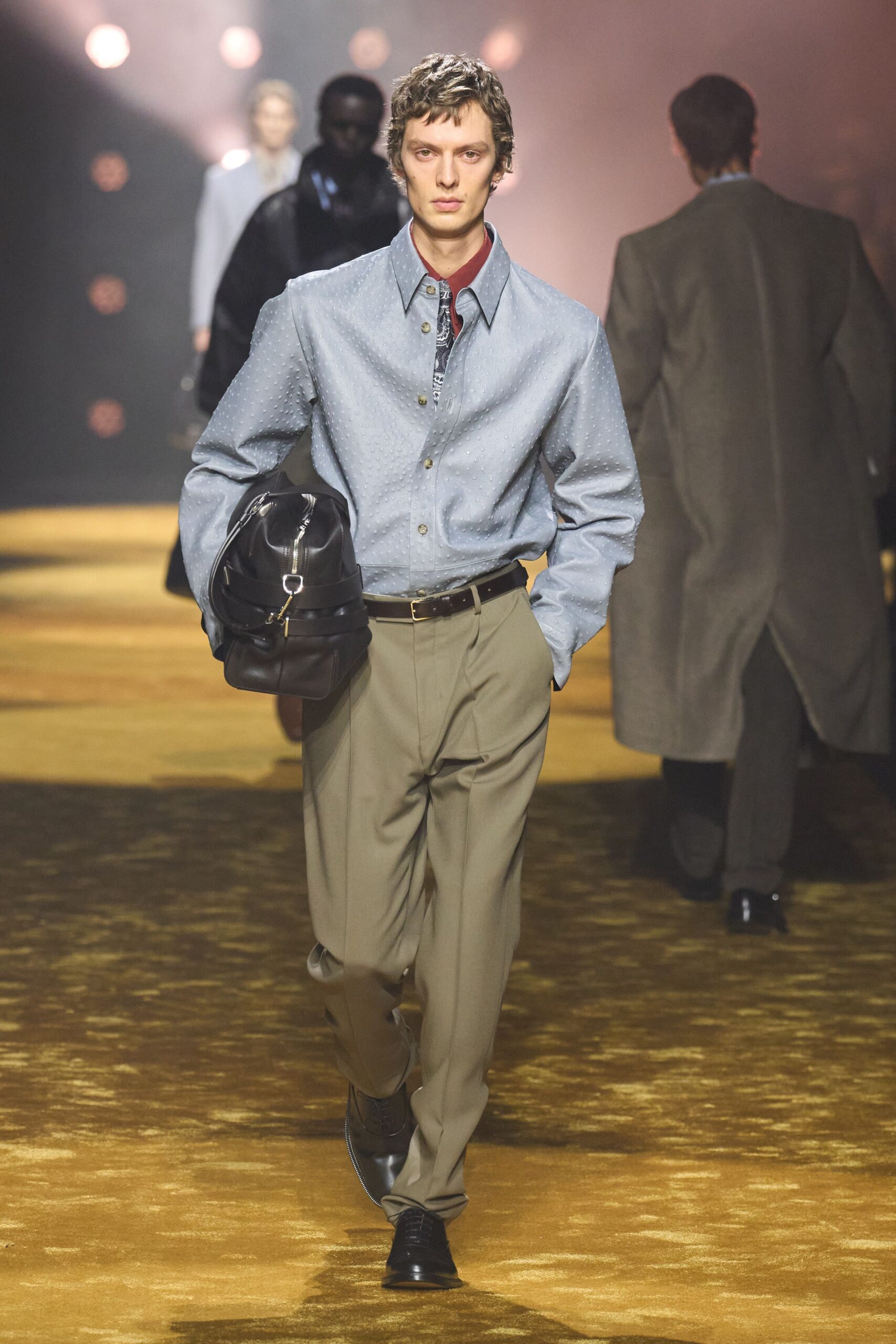 blue cotton shirt beige tailored pants