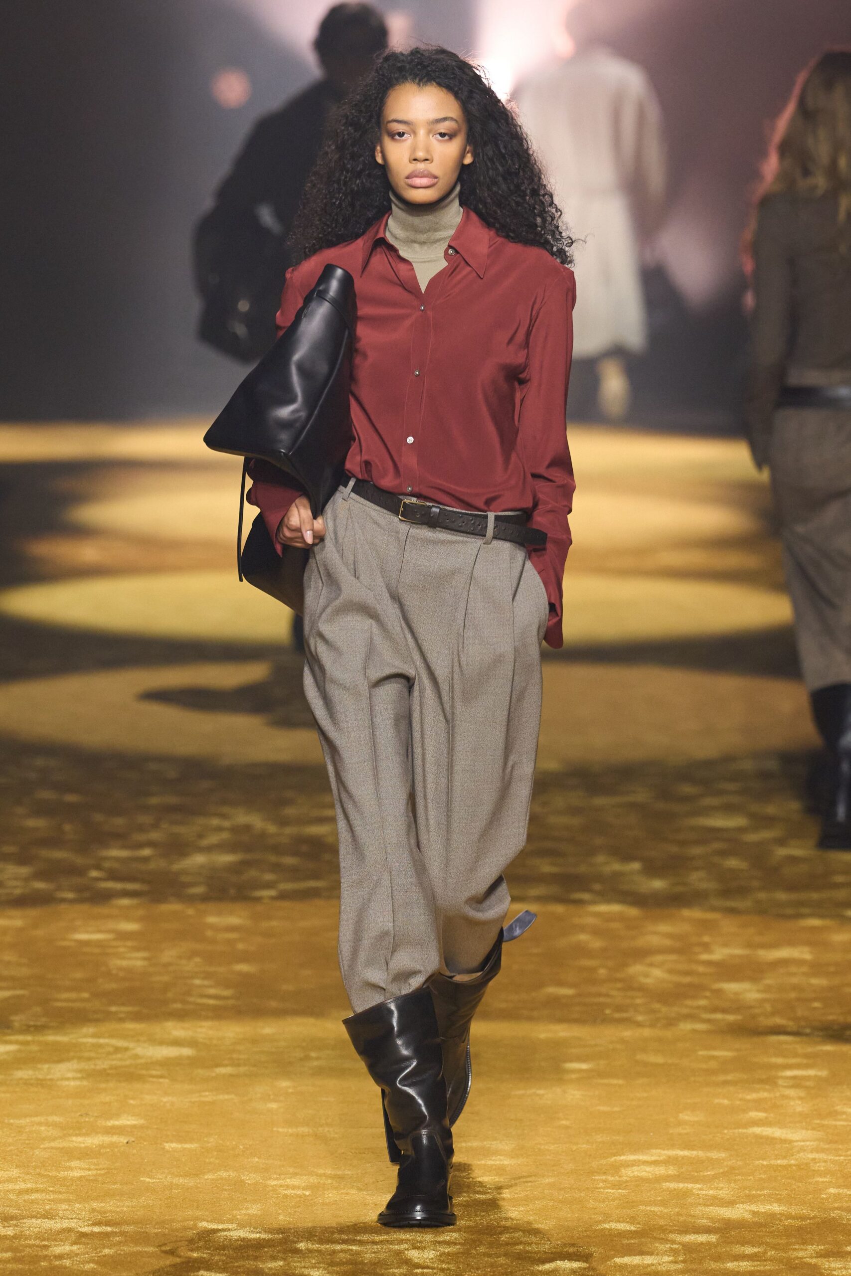 red cotton shirt gray pants black boots