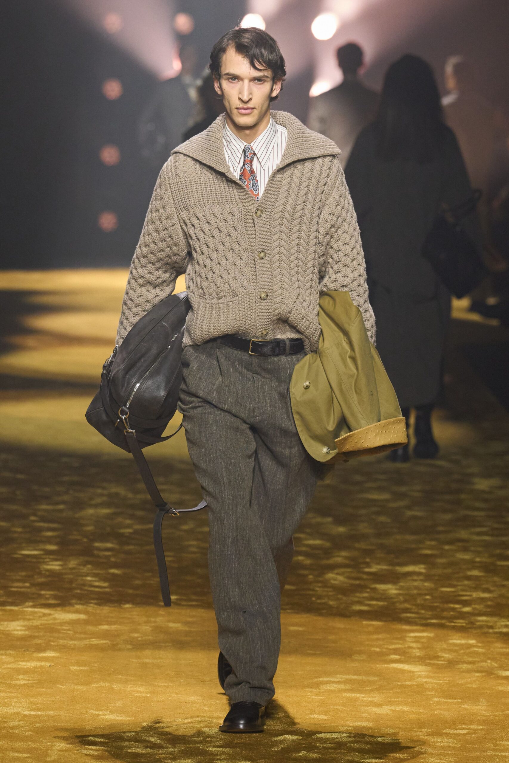 beige wool cardigan with gray pants