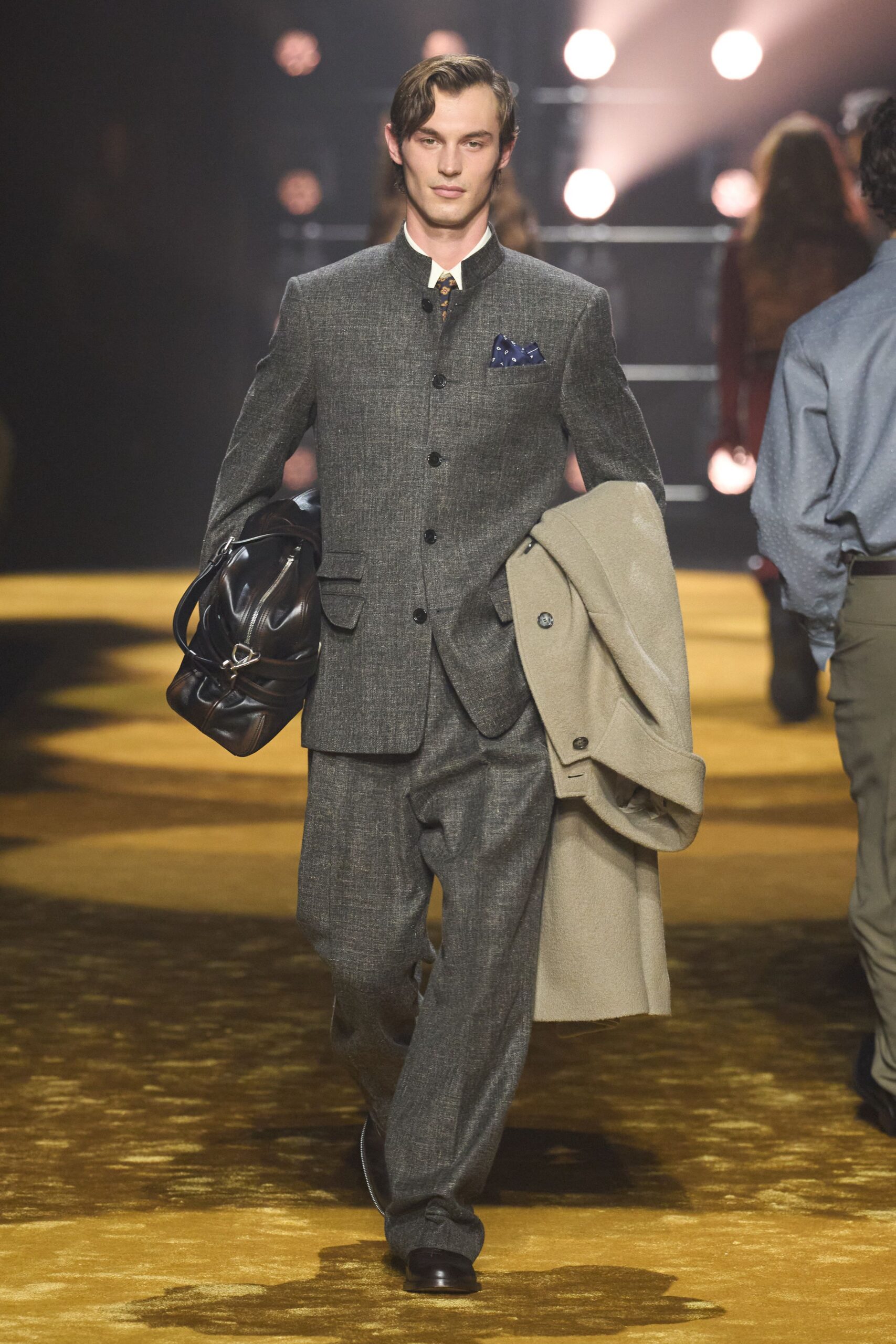 gray wool tailored suit with beige coat