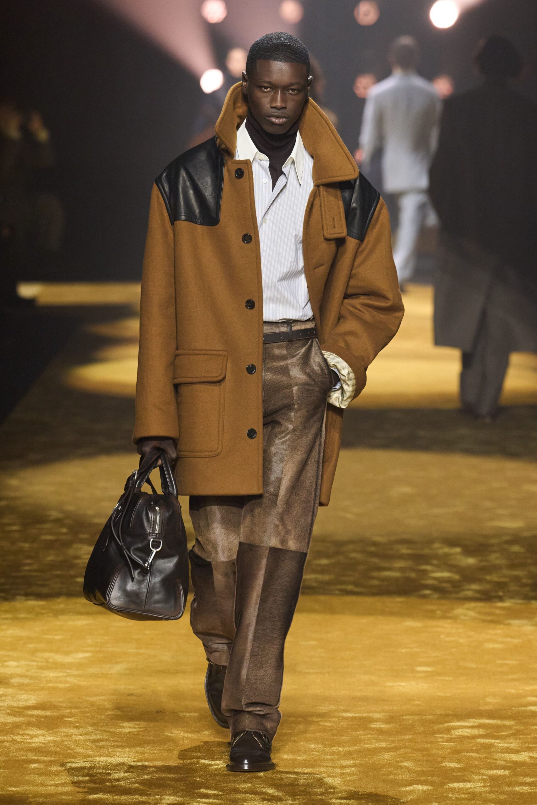 brown wool coat with black bag