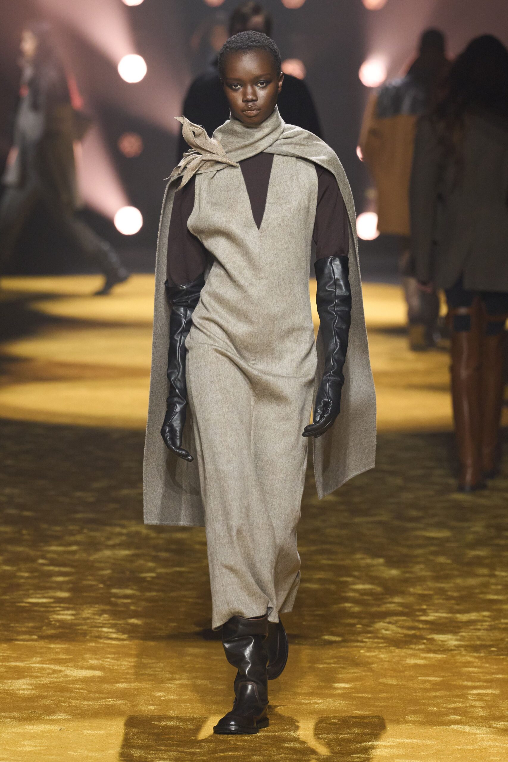 beige wool jumpsuit with cape