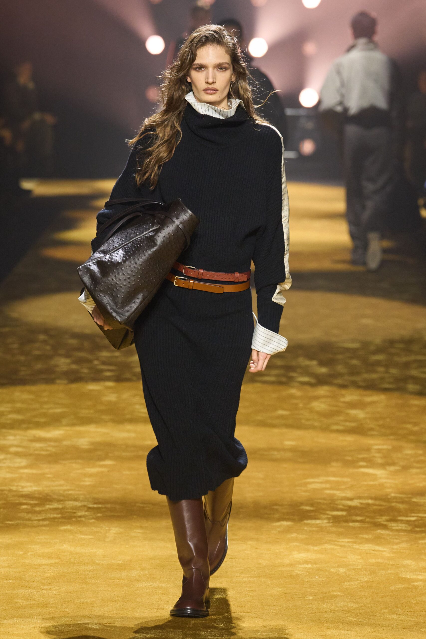 black wool midi dress with brown accessories