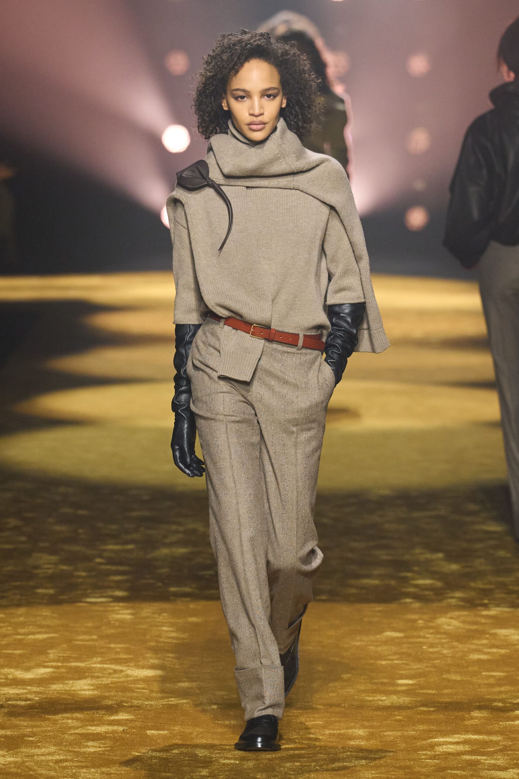 beige wool relaxed top with tailored pants