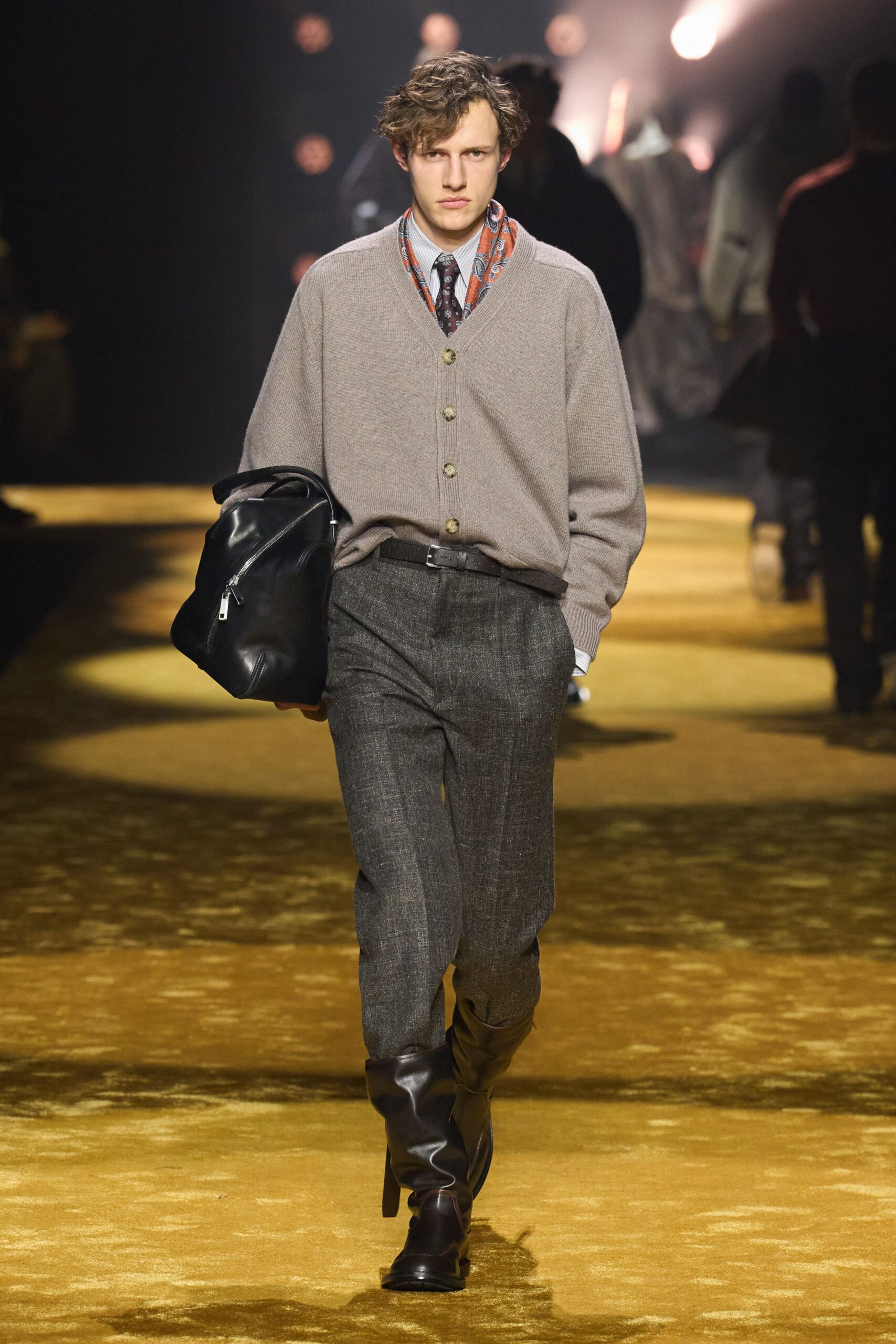 gray wool cardigan with tailored pants