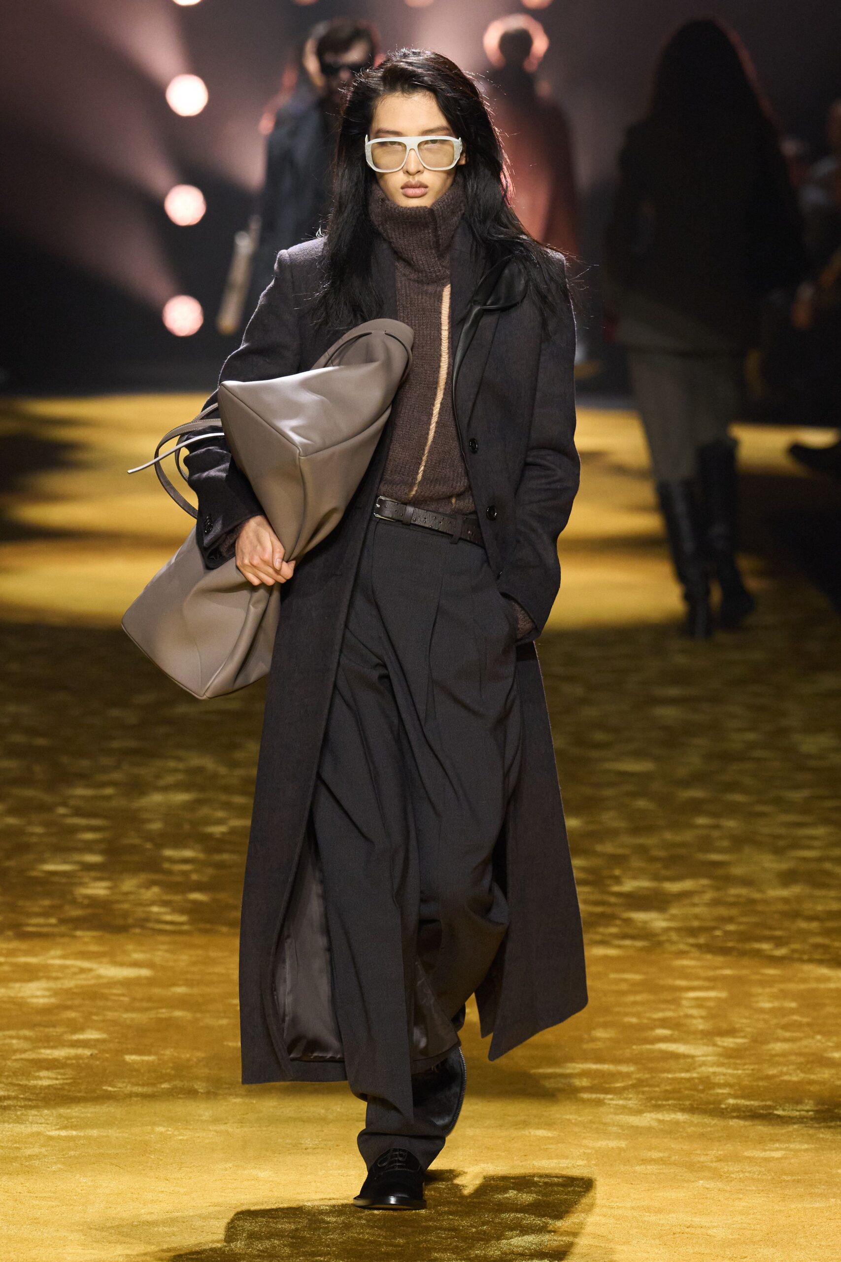 black wool coat with gray bag