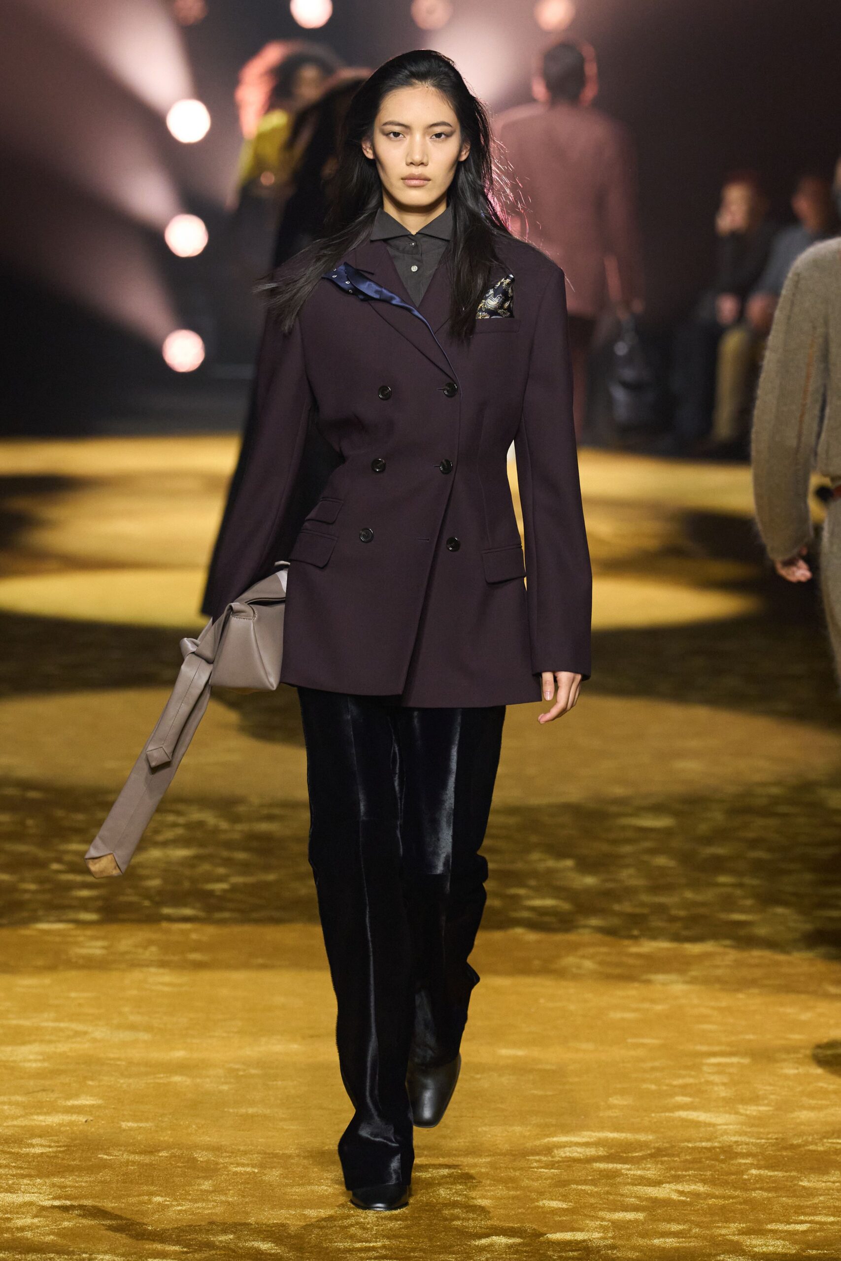 purple tailored blazer with black pants