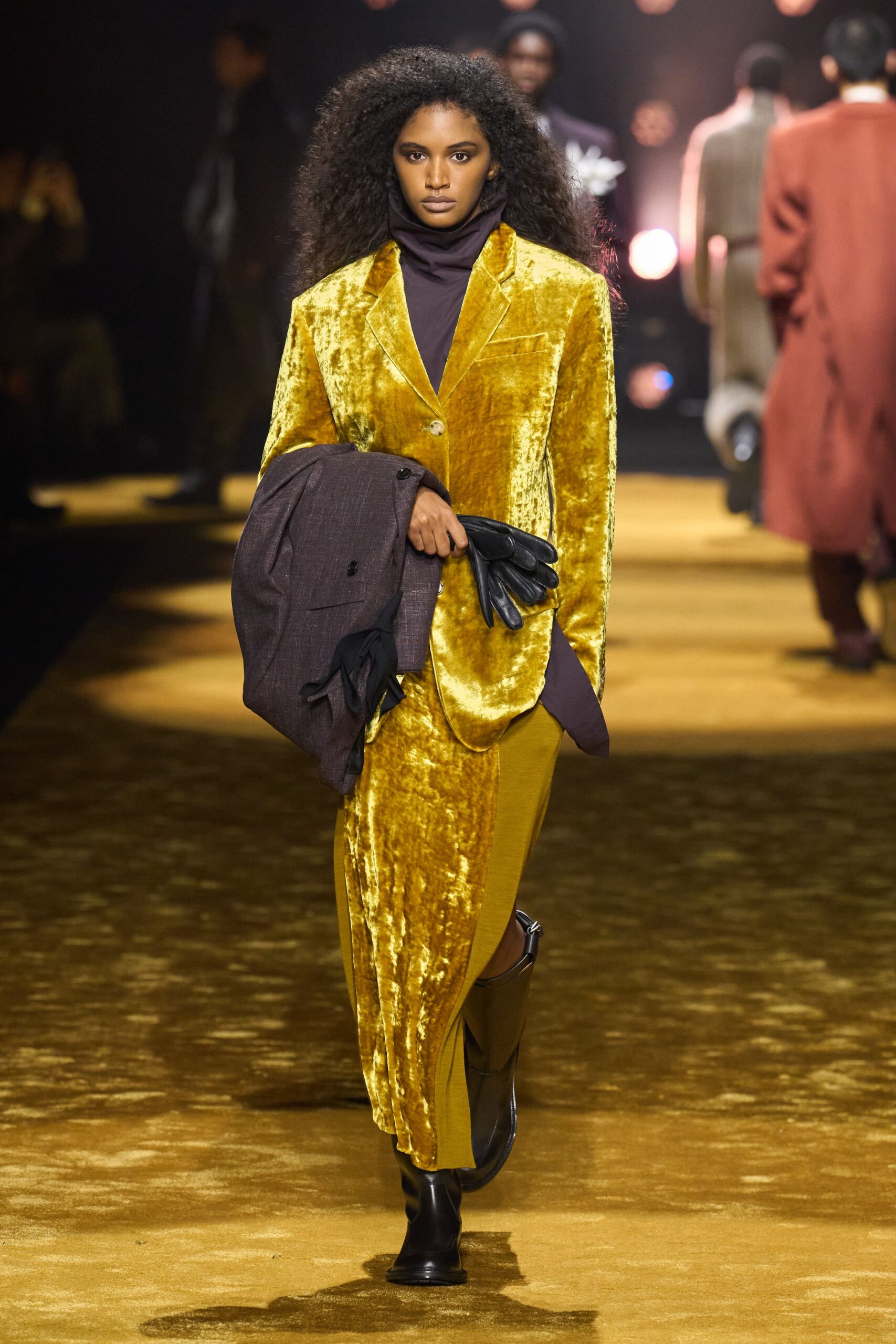 yellow velvet blazer and green dress