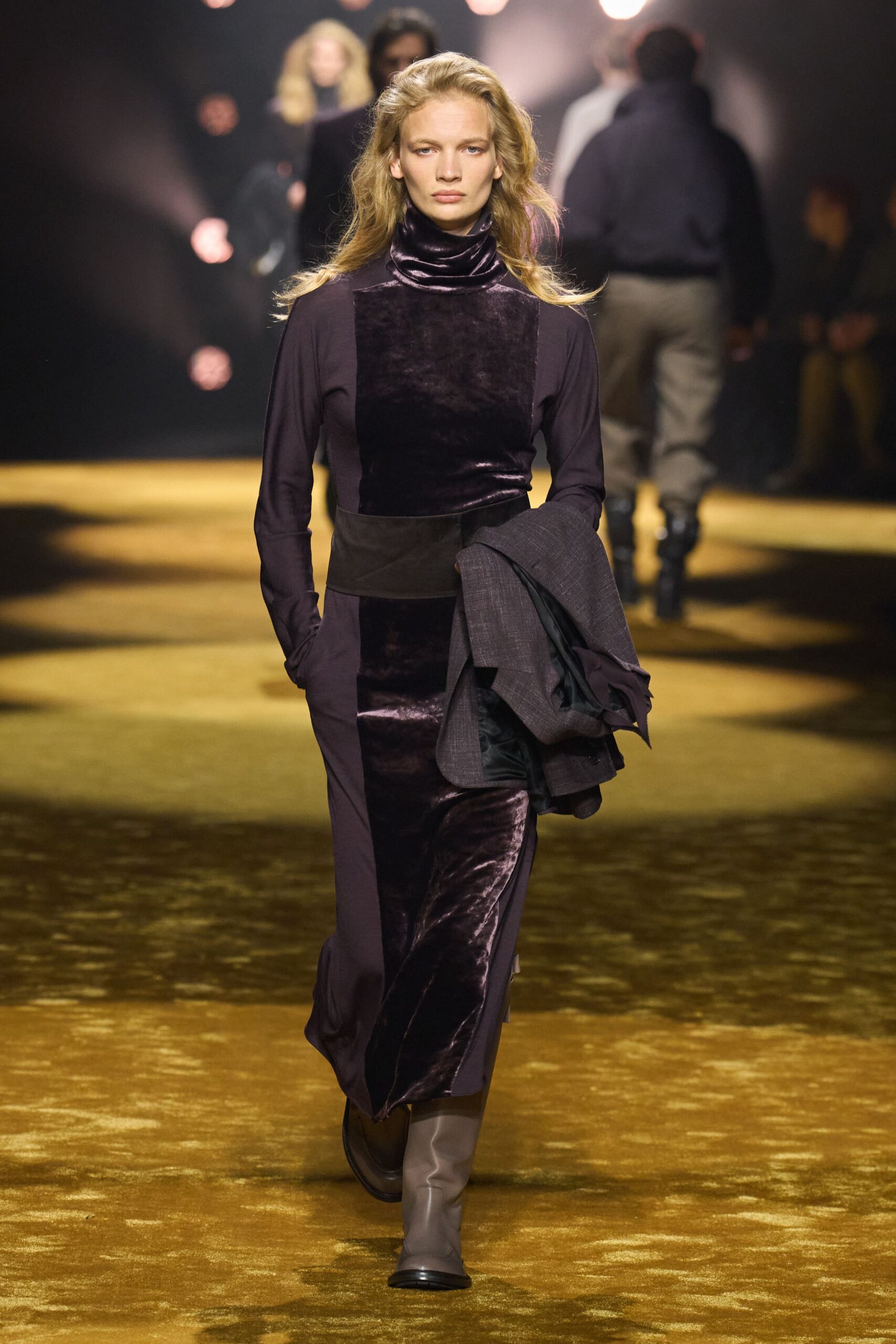 purple velvet maxi dress with gray jacket