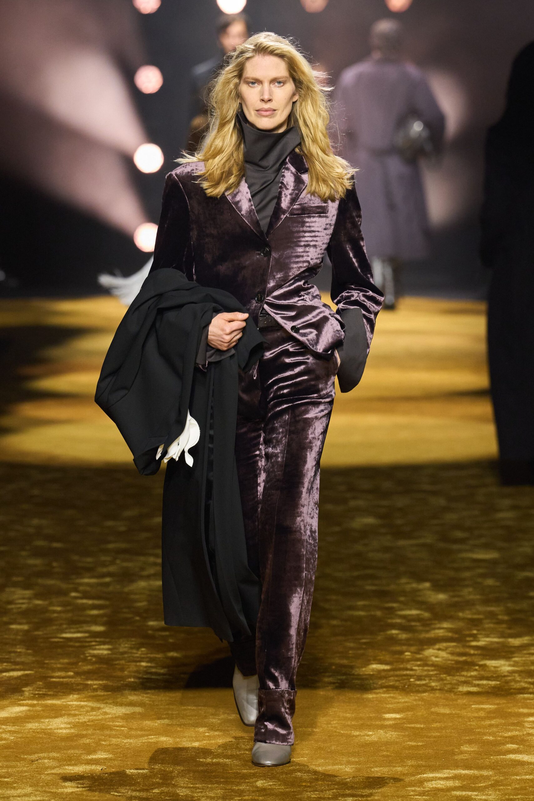 purple velvet tailored suit with black coat
