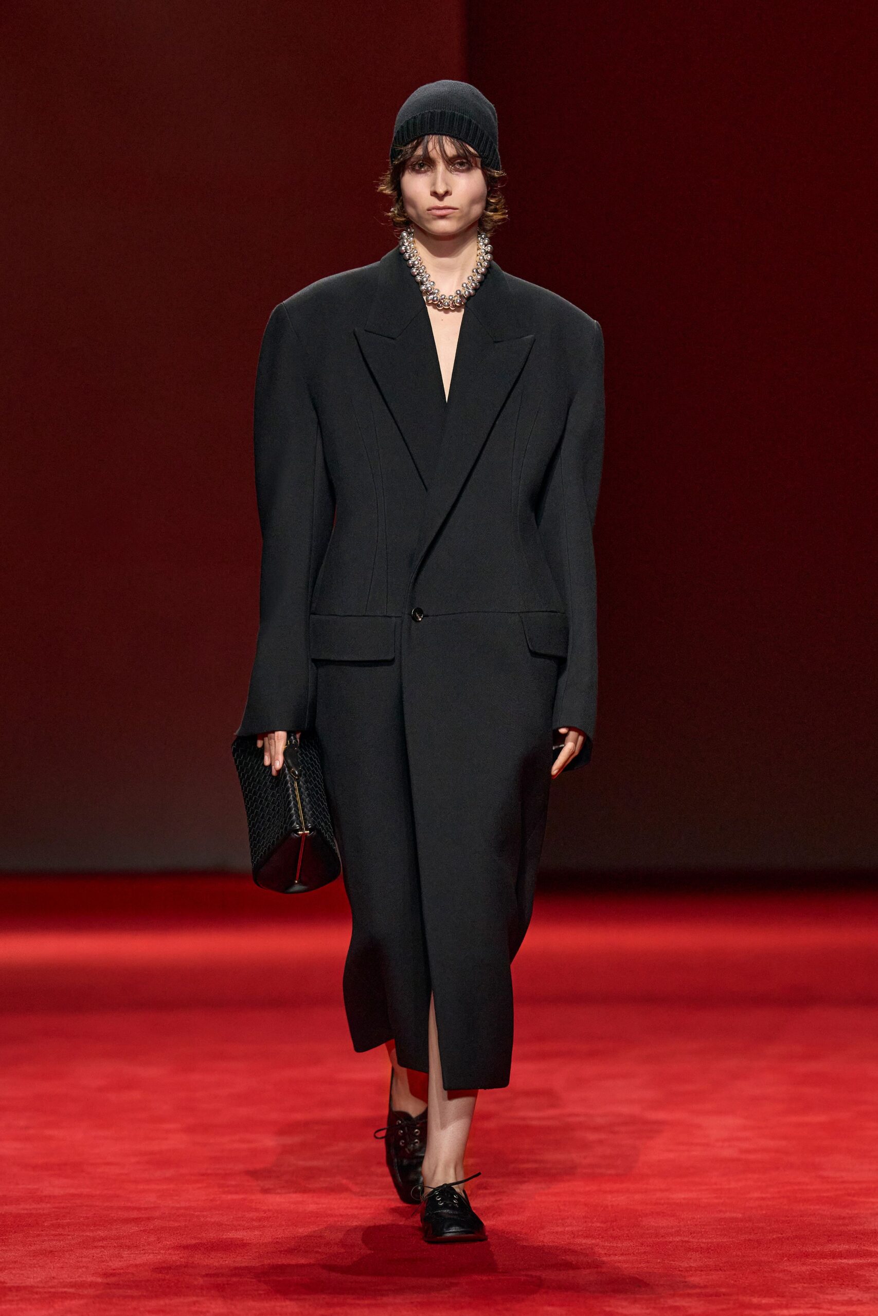 black wool long-sleeve v-neck oversized structured midi coat