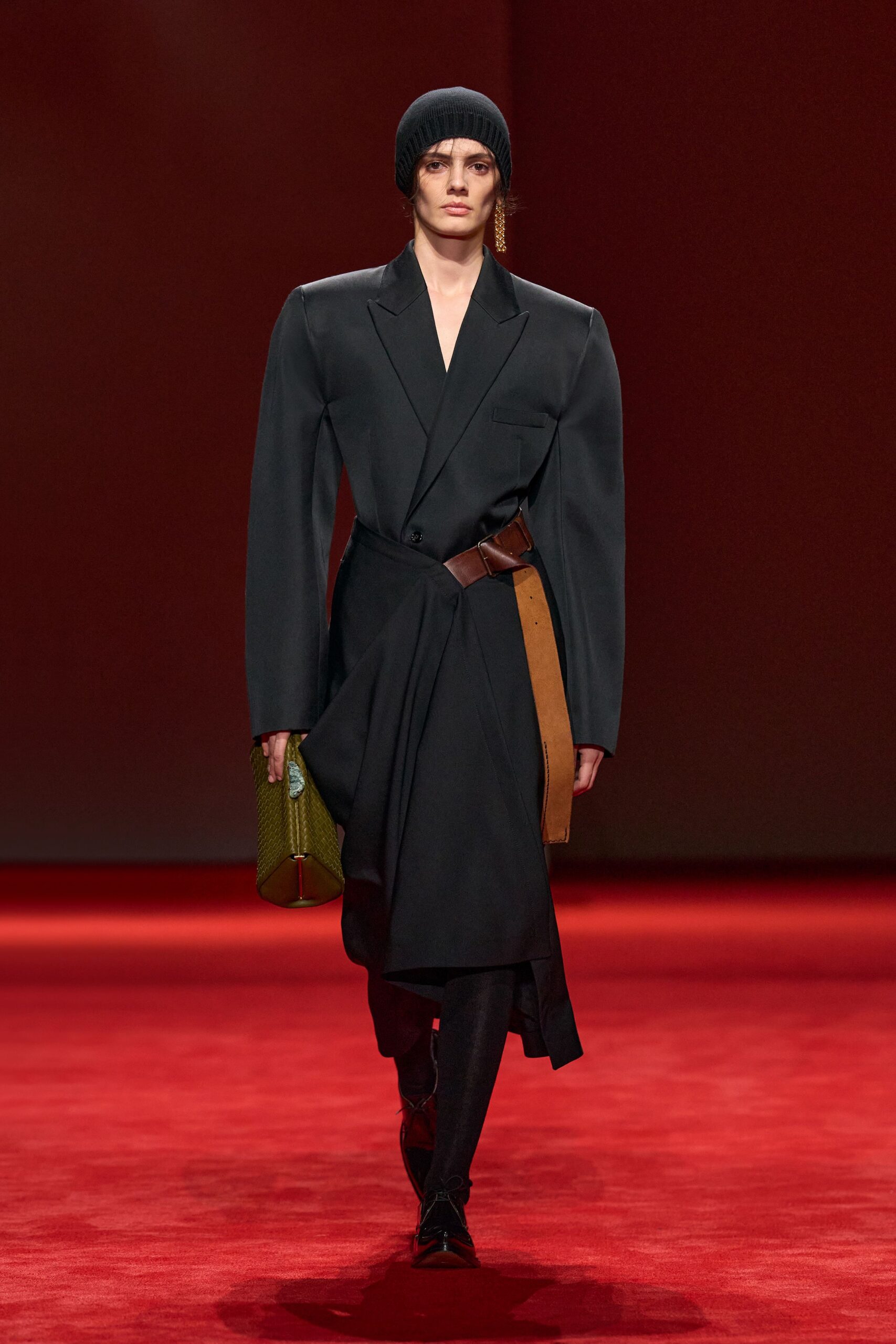 black wool long-sleeve collared fitted belted midi dress
