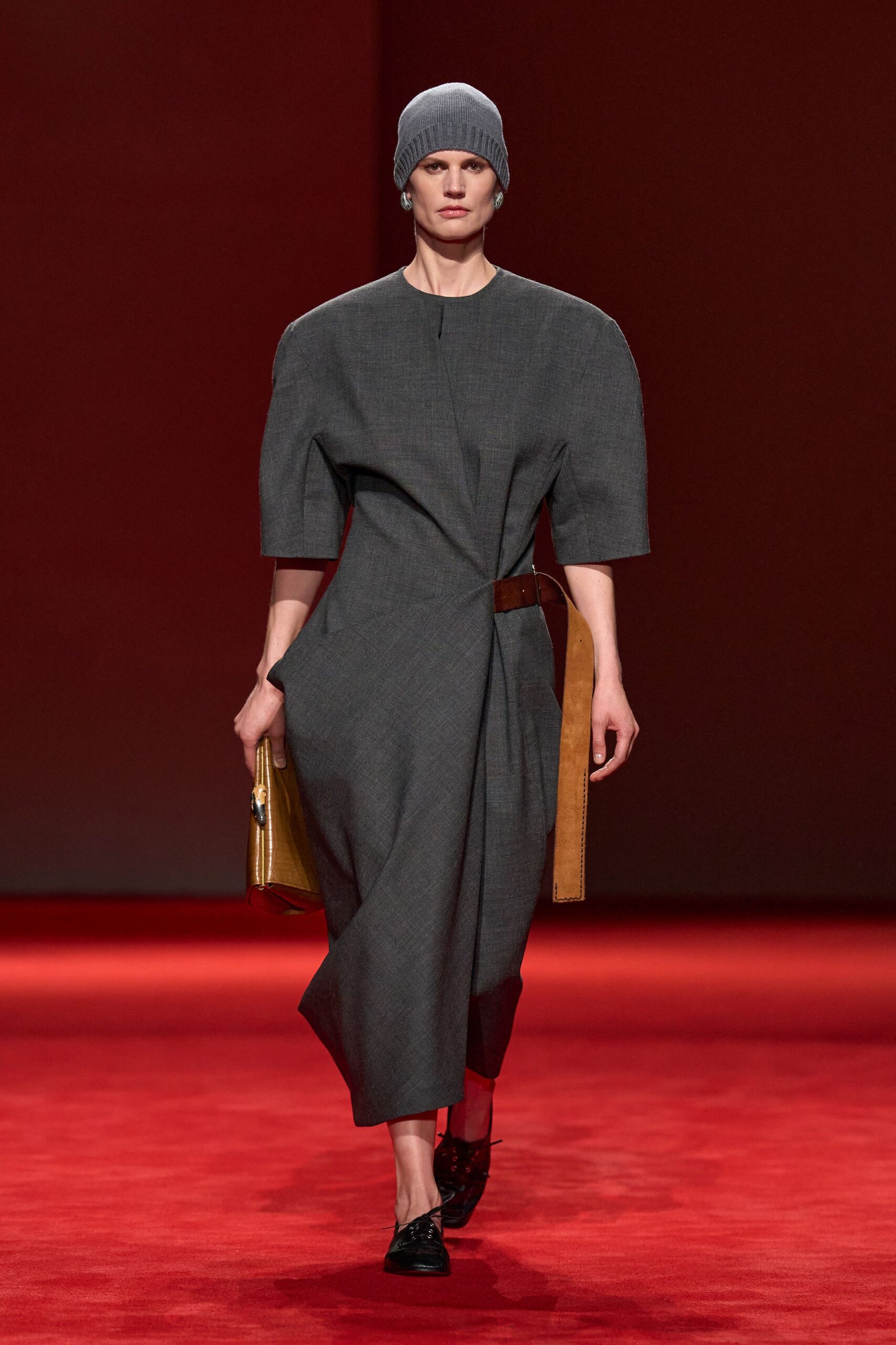 gray wool short-sleeve v-neck relaxed draped belted dress
