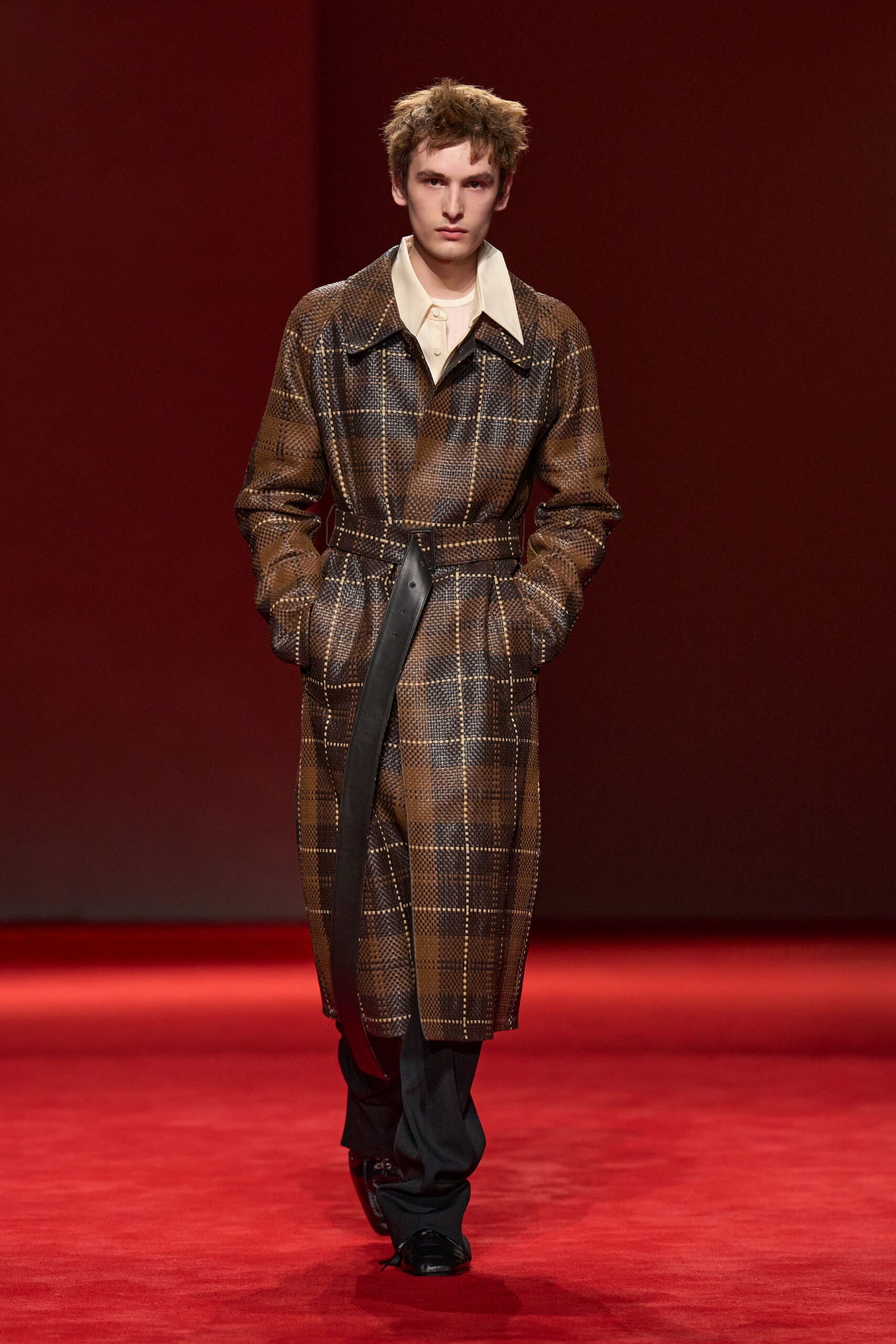brown leather long-sleeve collared fitted belted checked coat