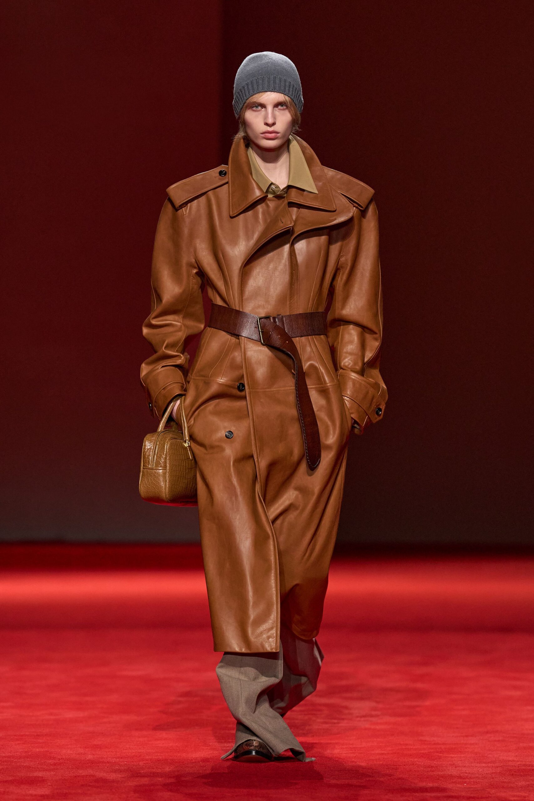 brown leather long-sleeve collared fitted belted coat