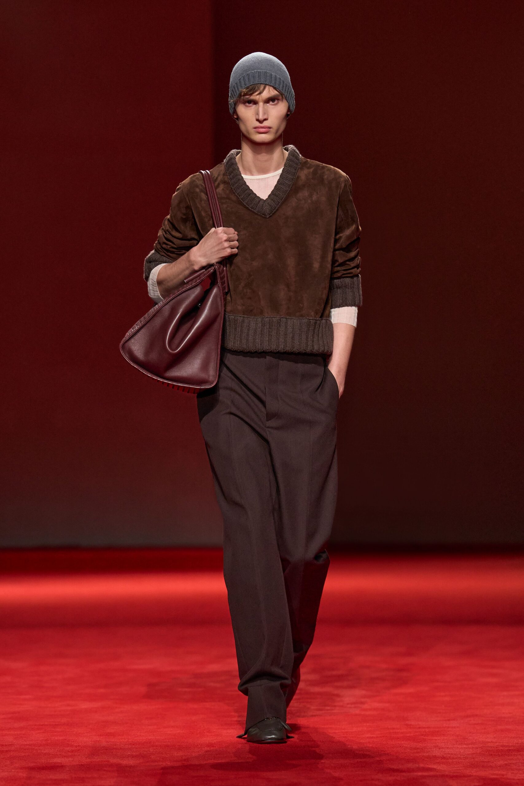 brown wool long-sleeve v-neck relaxed sweater