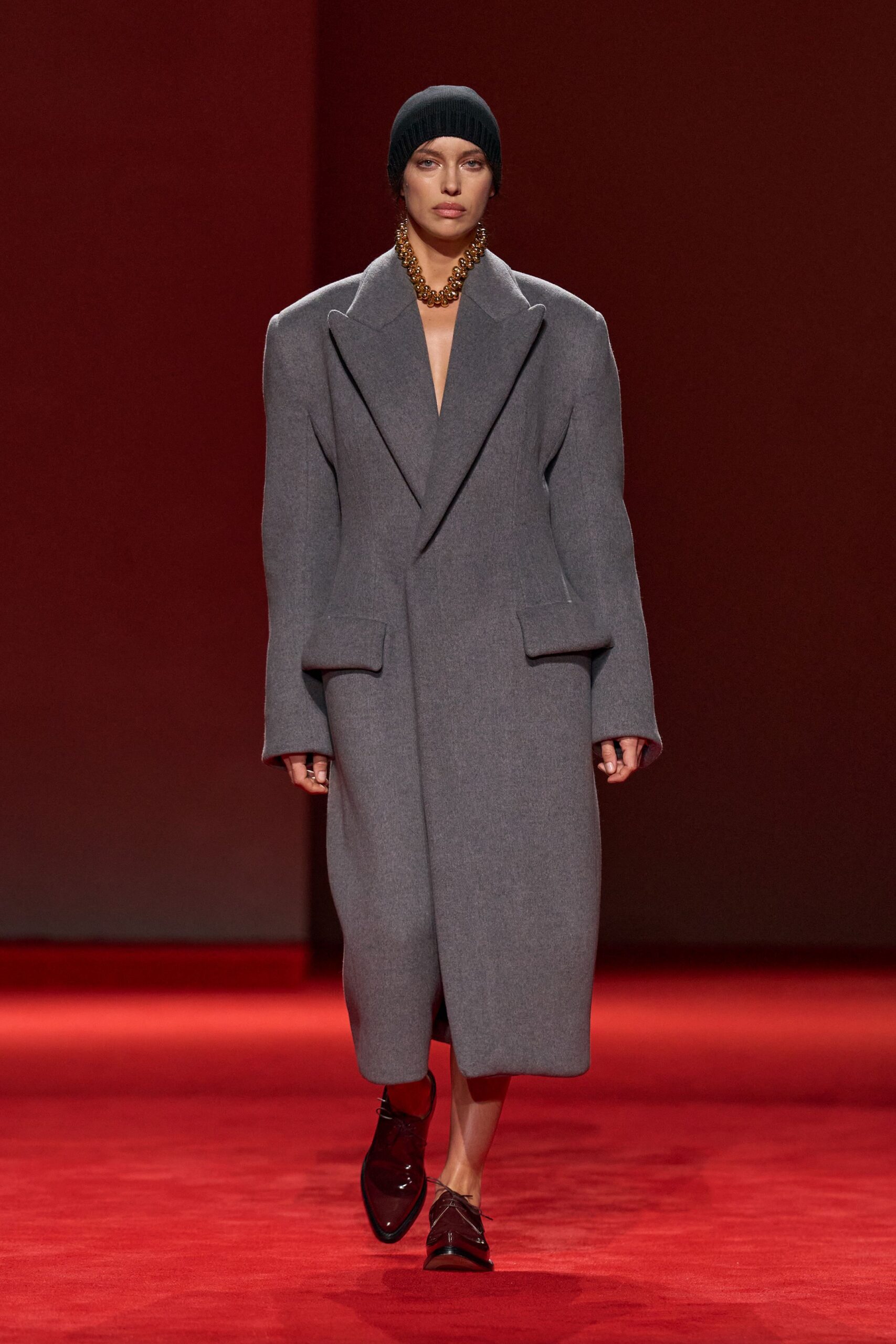 gray wool long-sleeve collared oversized buttoned midi coat