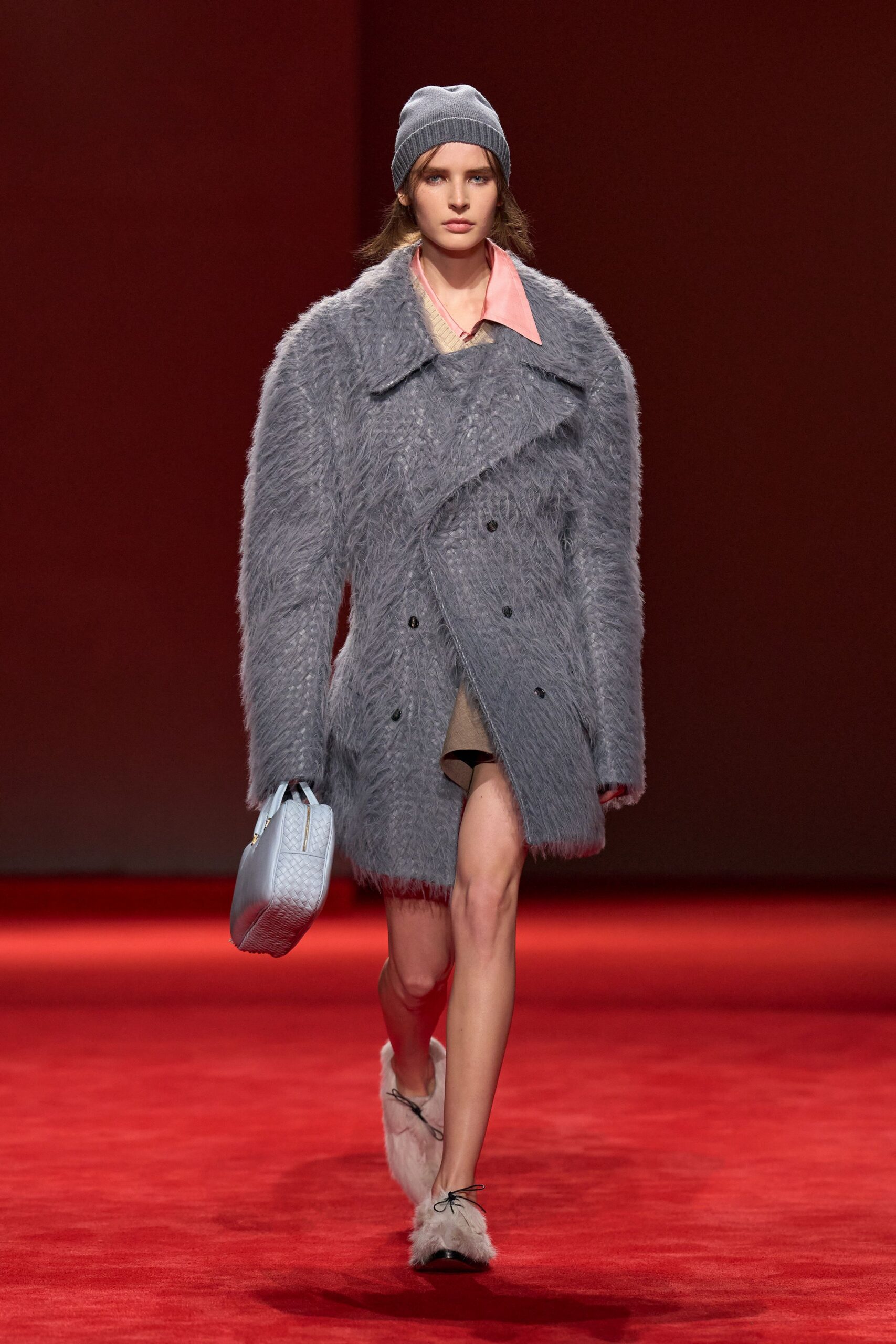 gray fur long-sleeve double-breasted oversized textured coat