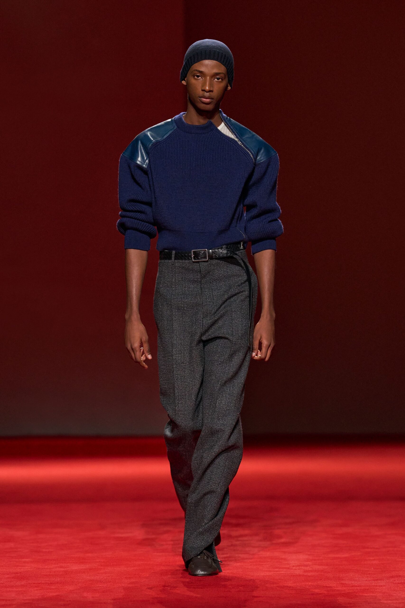blue wool long-sleeve collared relaxed layered sweater