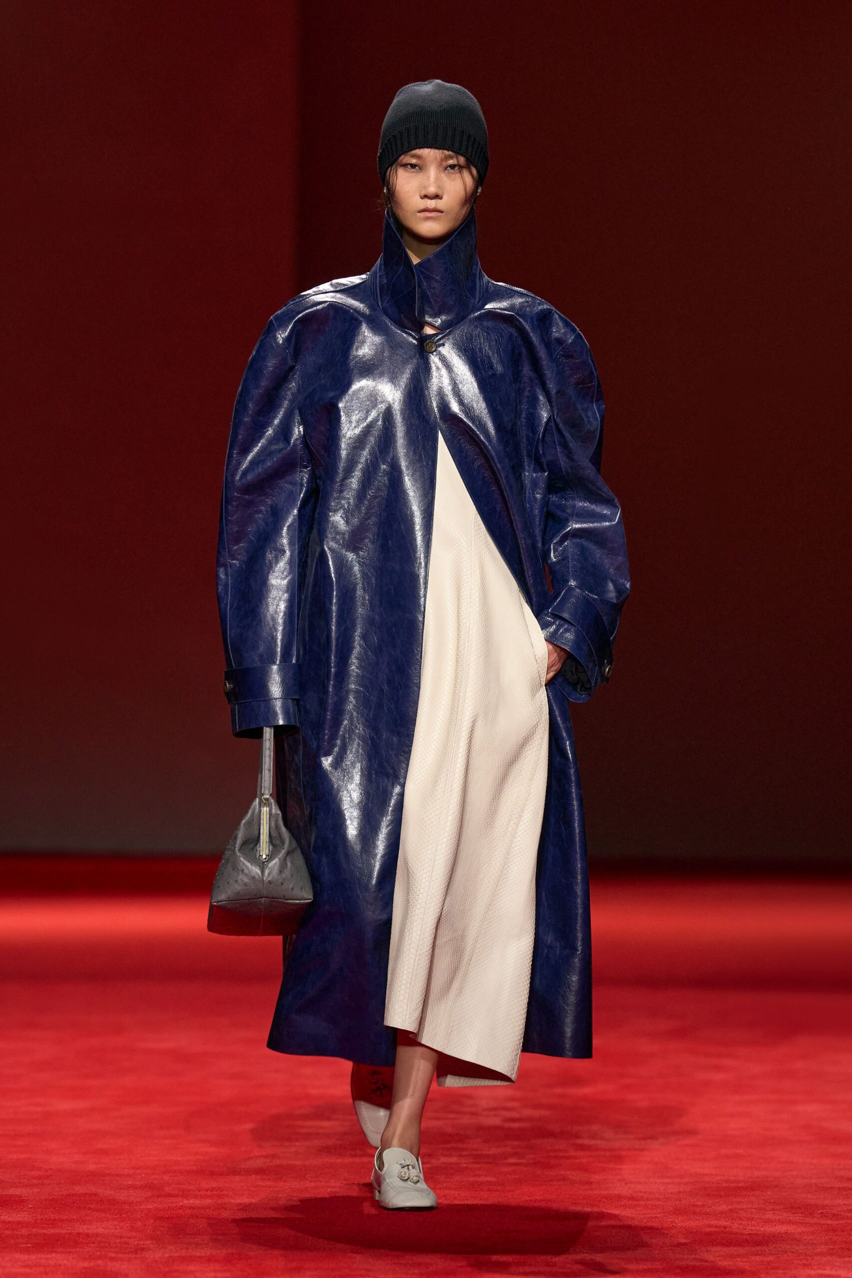 blue leather long-sleeve collared oversized coat
