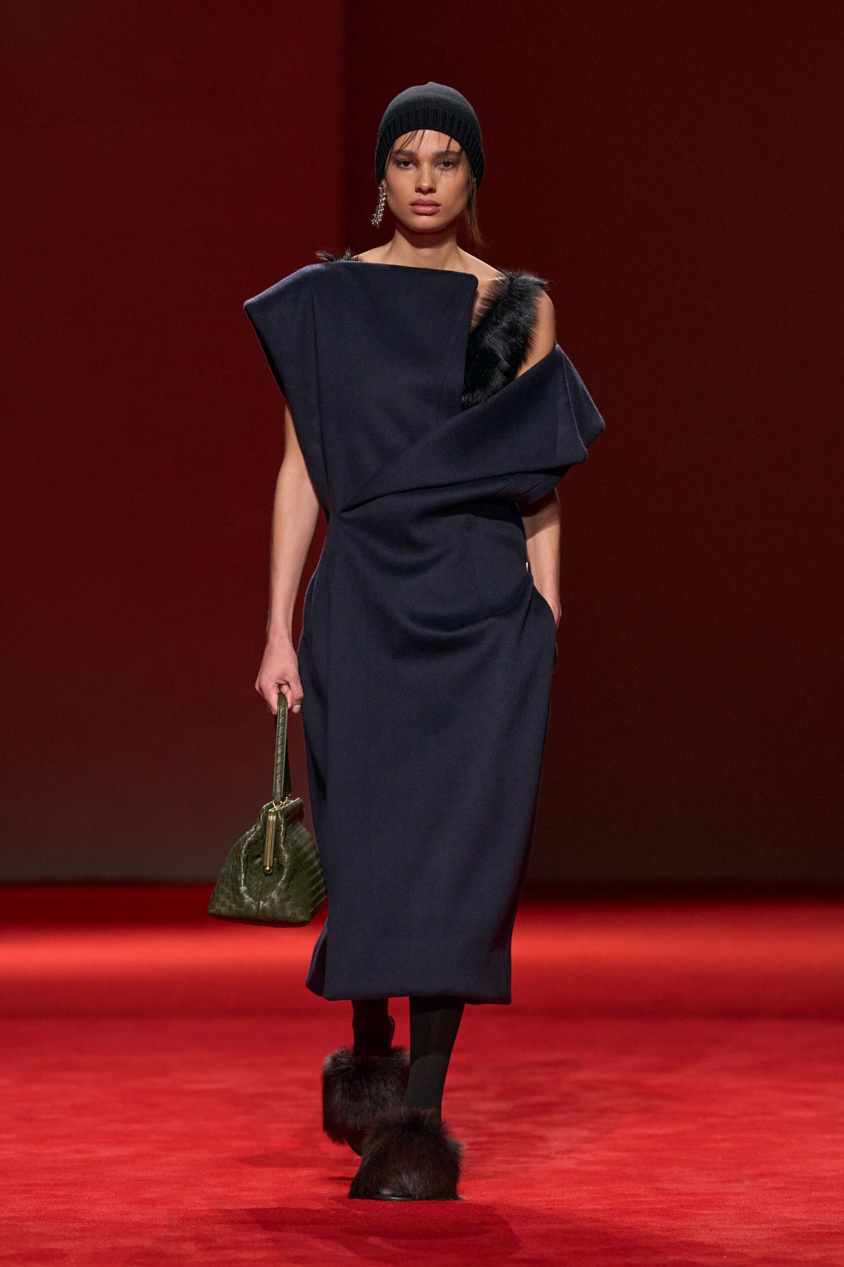 blue wool sleeveless asymmetric fitted draped pockets dress