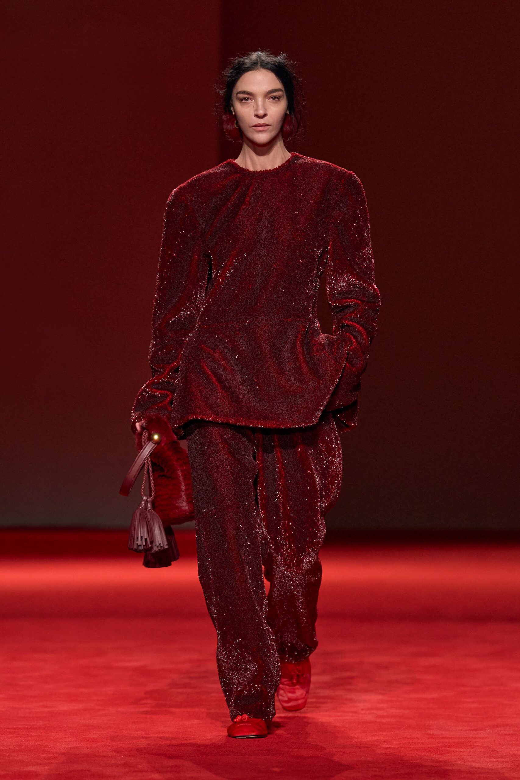 red velvet relaxed straight-leg shiny pants
