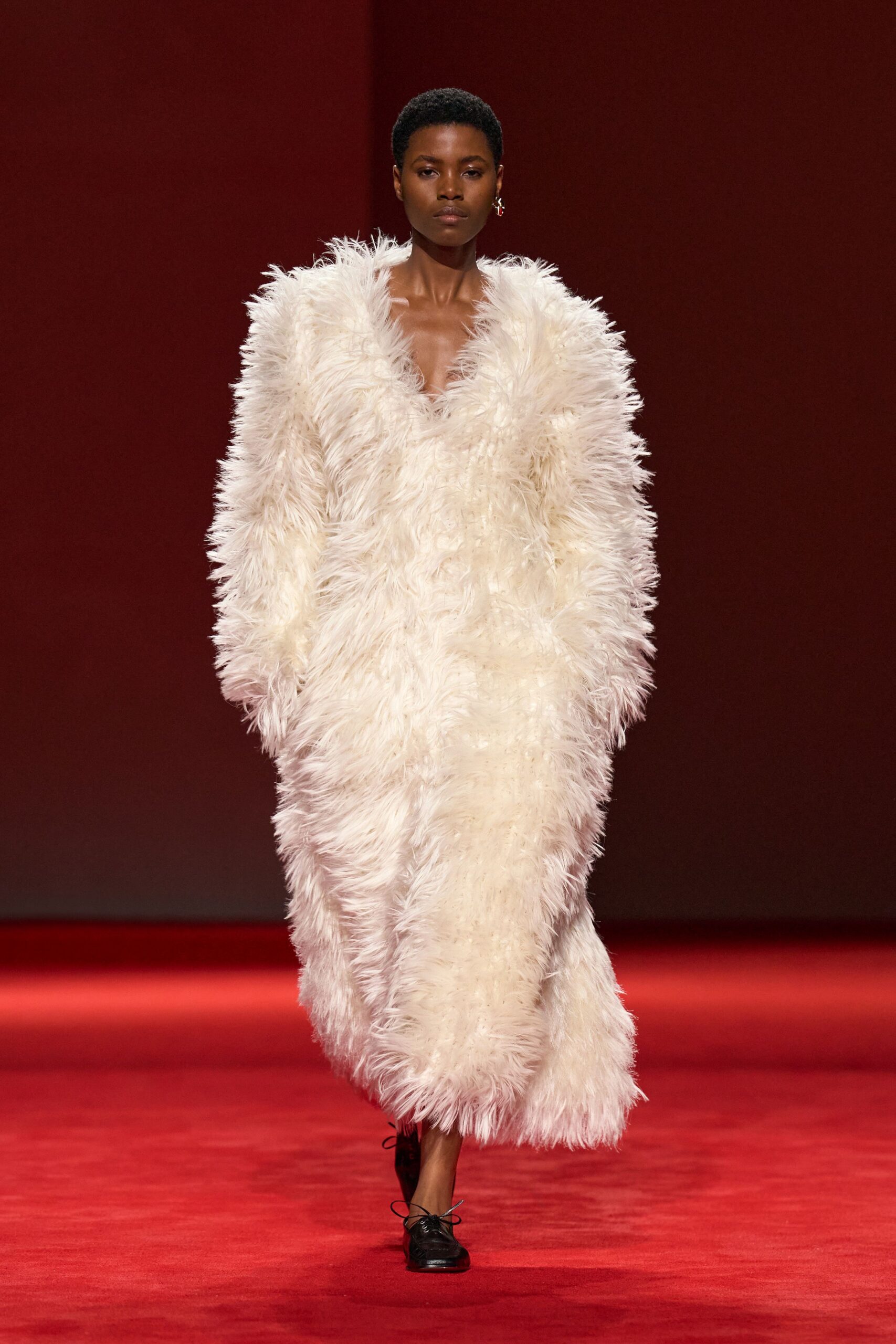white fur long-sleeve v-neck relaxed fringed maxi coat