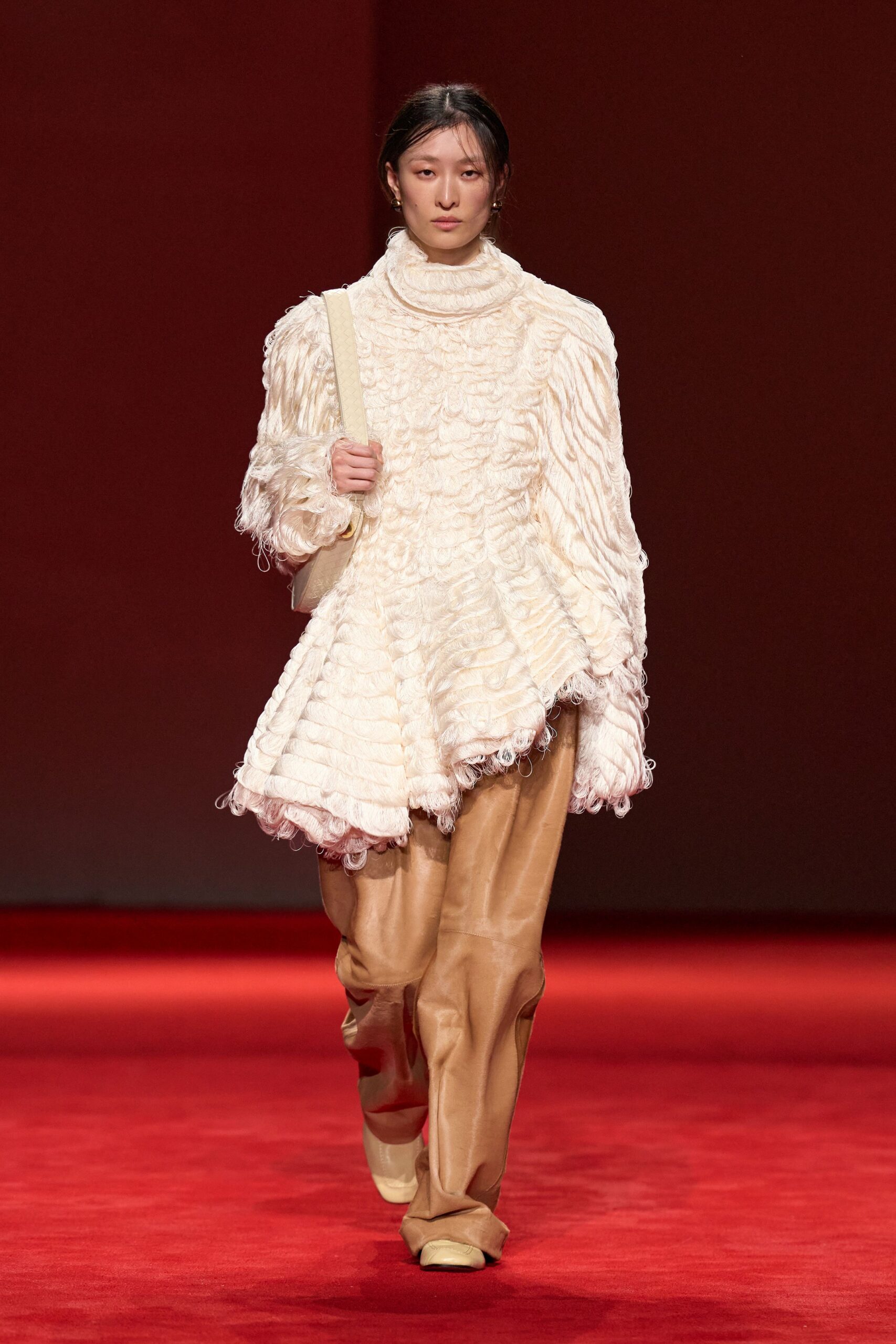white wool long-sleeve high-neck relaxed ruffled top