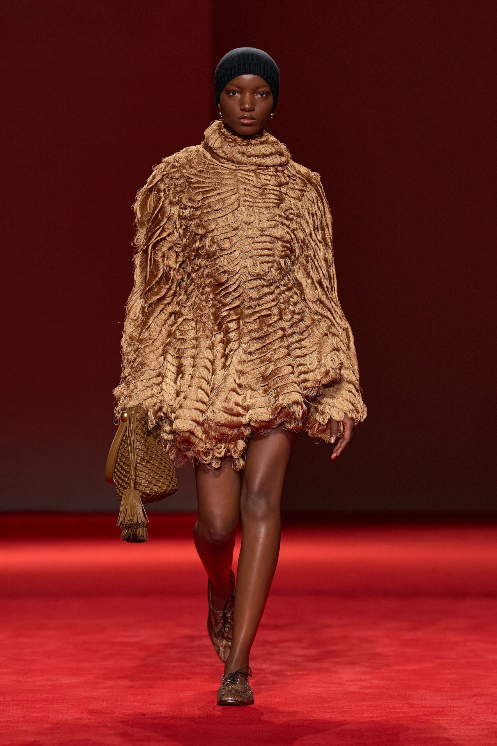 brown wool long-sleeve high-neck relaxed fringed short dress