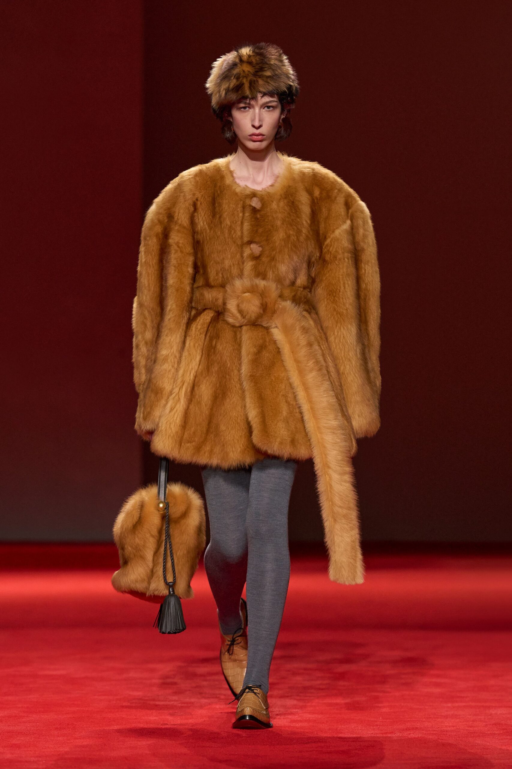 brown fur long-sleeve collared relaxed belted coat