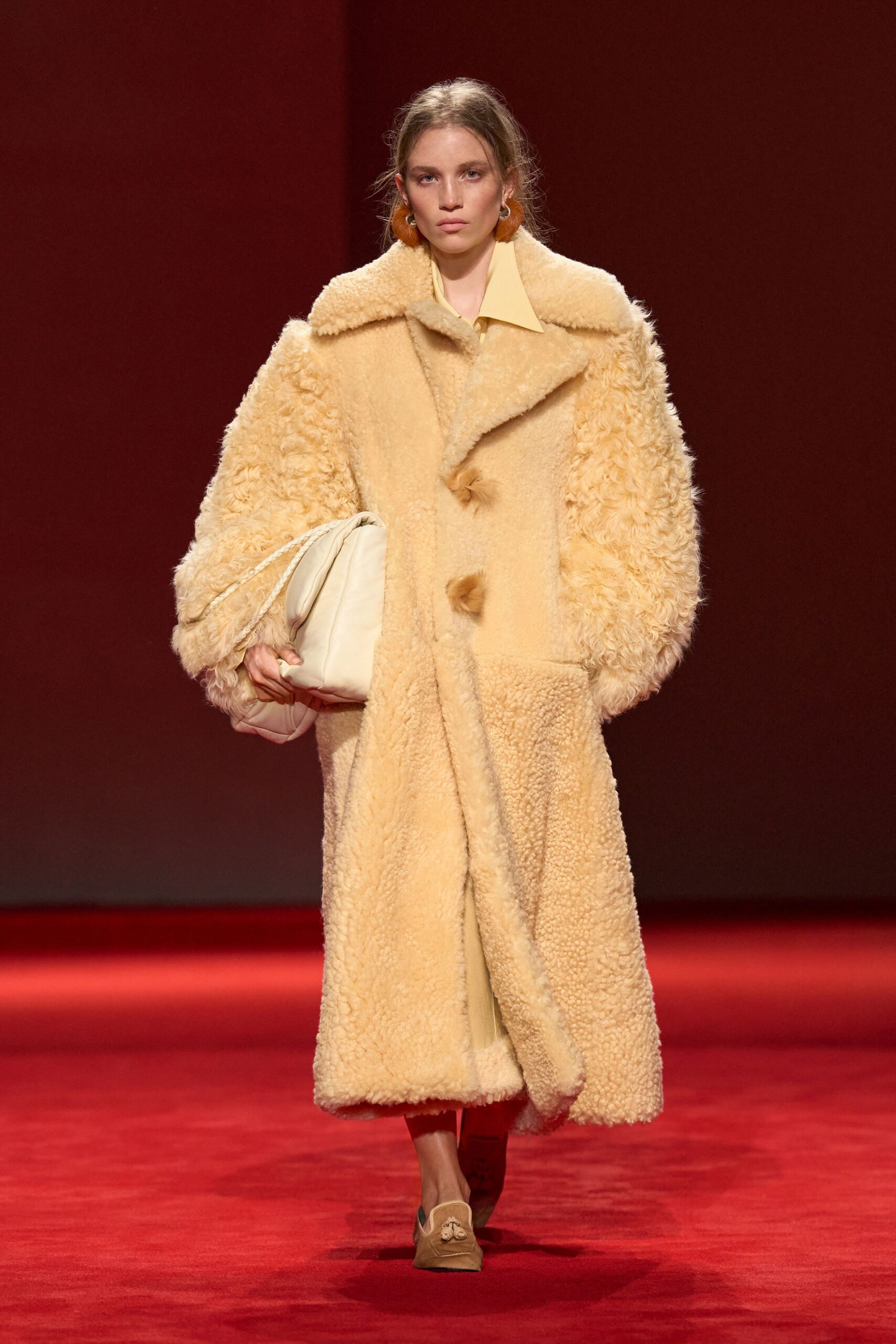 yellow fur long-sleeve collared relaxed buttoned maxi coat