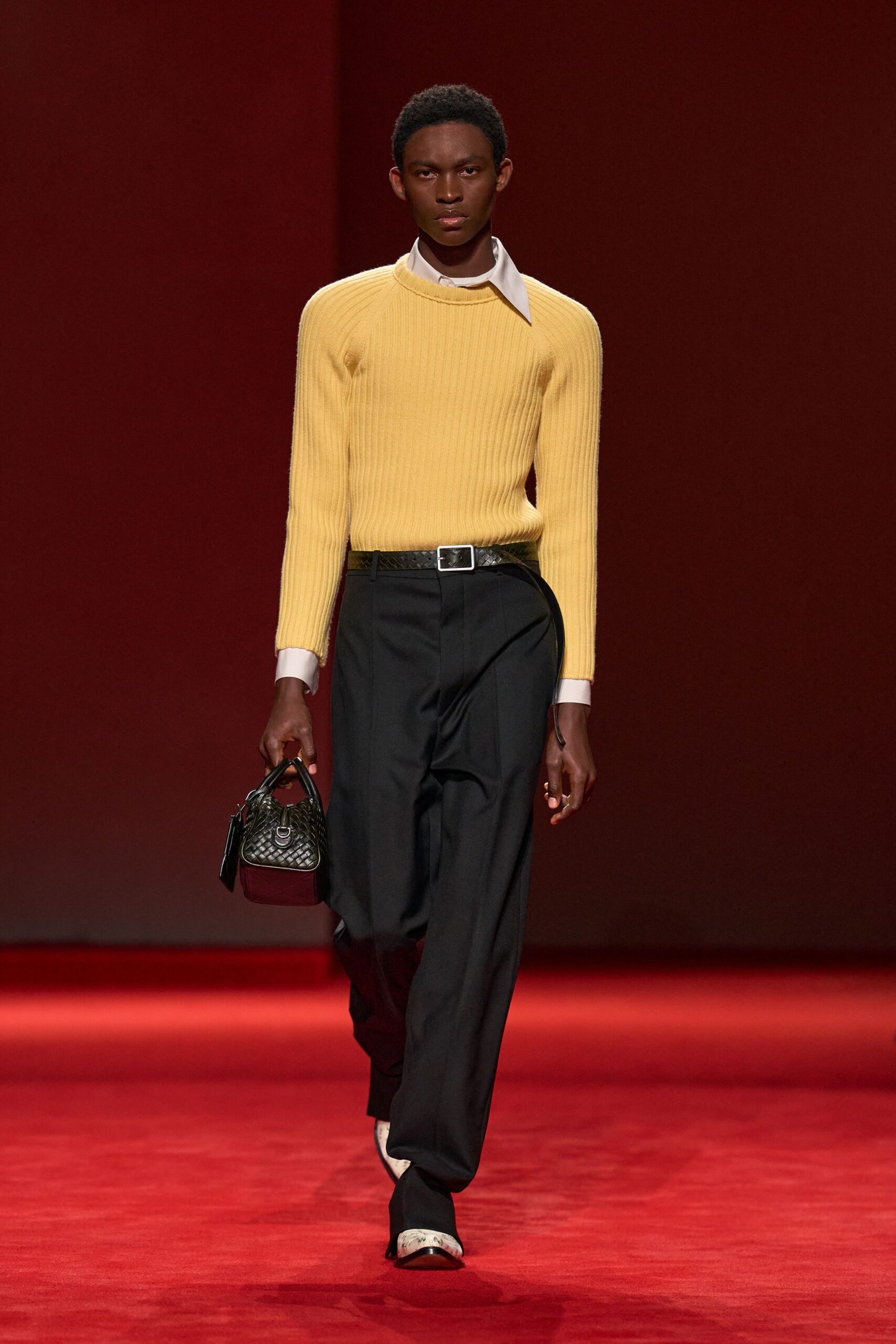 yellow cotton long-sleeve collared fitted ribbed sweater