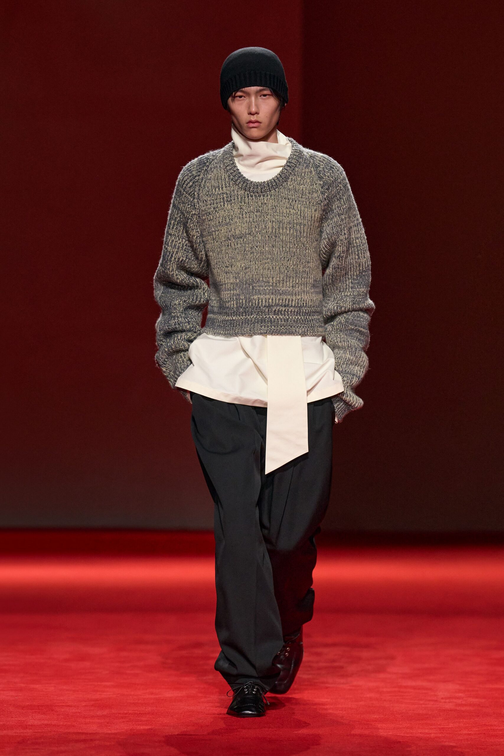 gray wool long-sleeve collared relaxed textured sweater