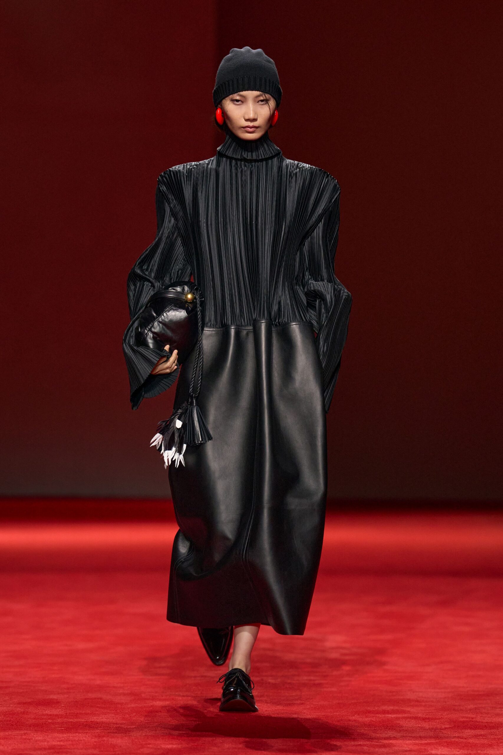 black leather long-sleeve high-neck fitted pleated draped dress