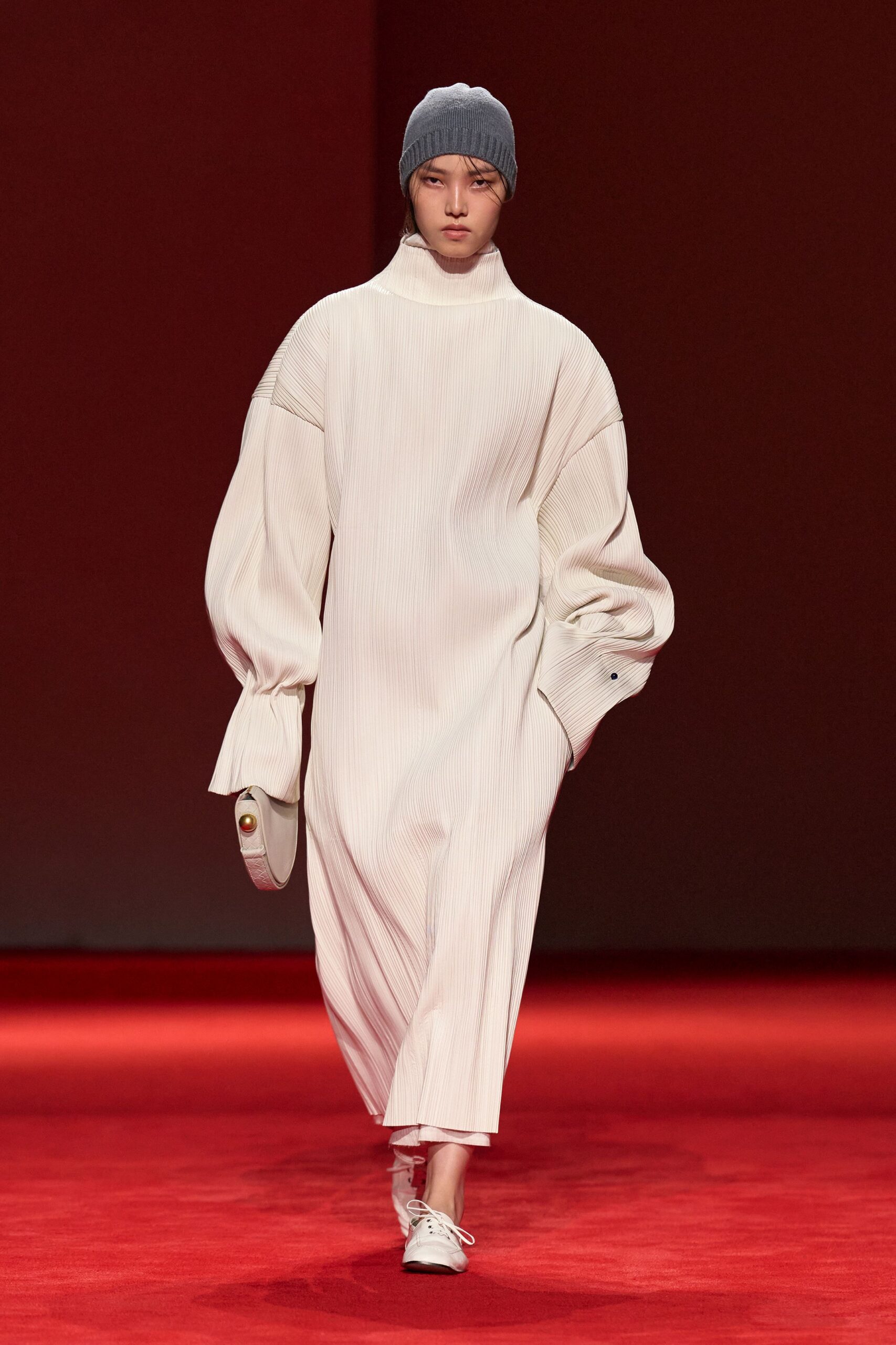 white cotton long-sleeve high-neck relaxed pleated midi dress