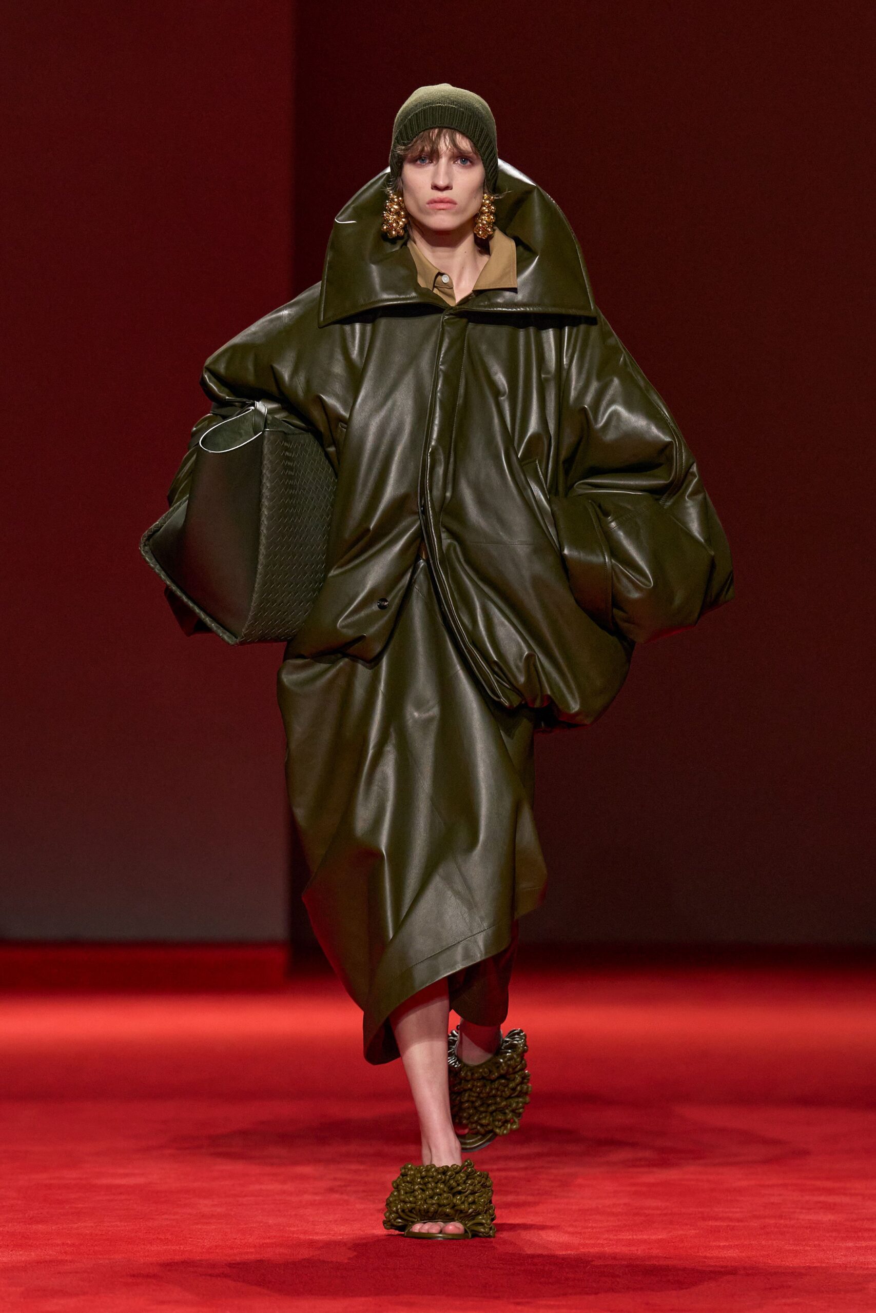 green leather long-sleeve collared oversized draped midi coat