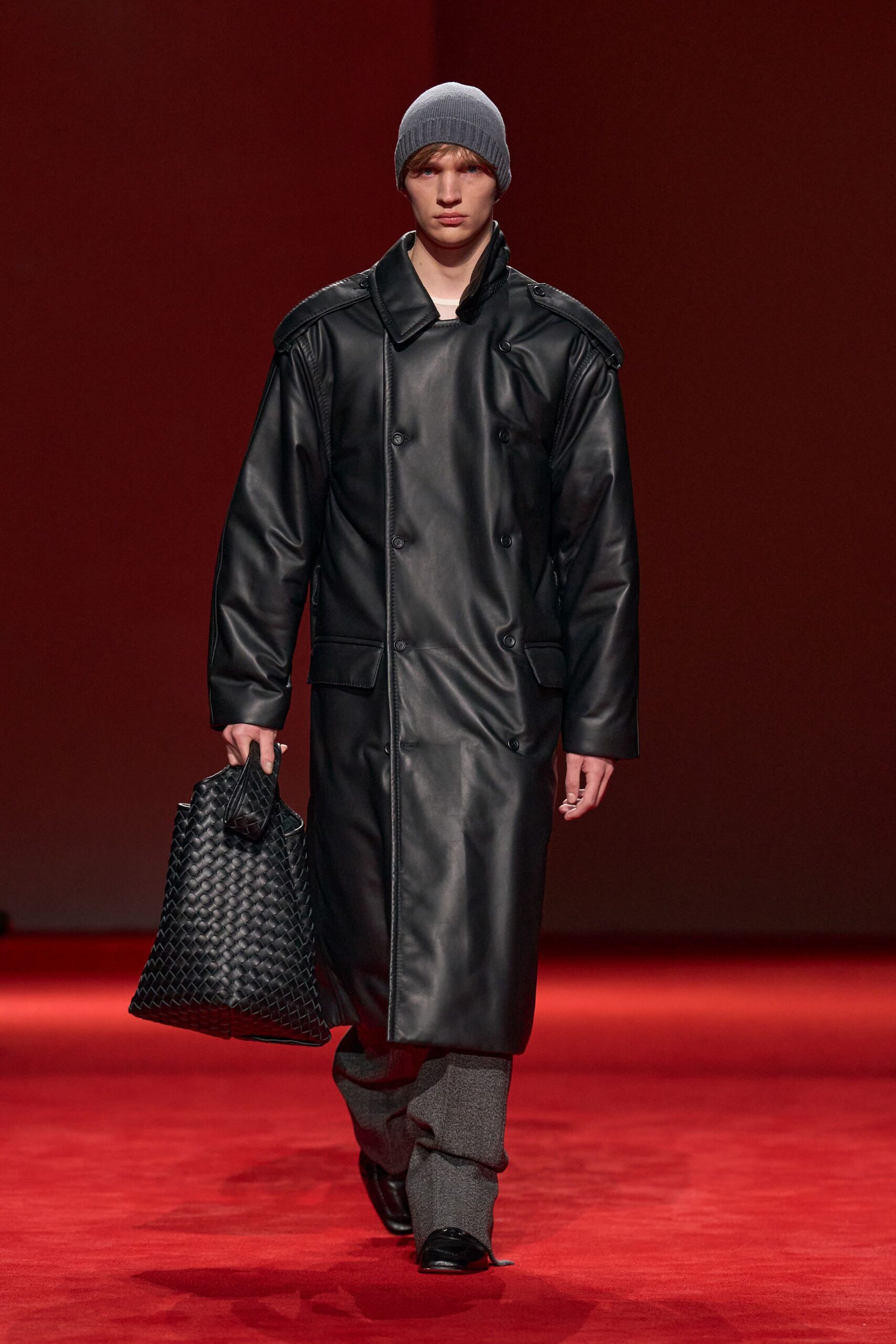 black leather long-sleeve double-breasted relaxed coat