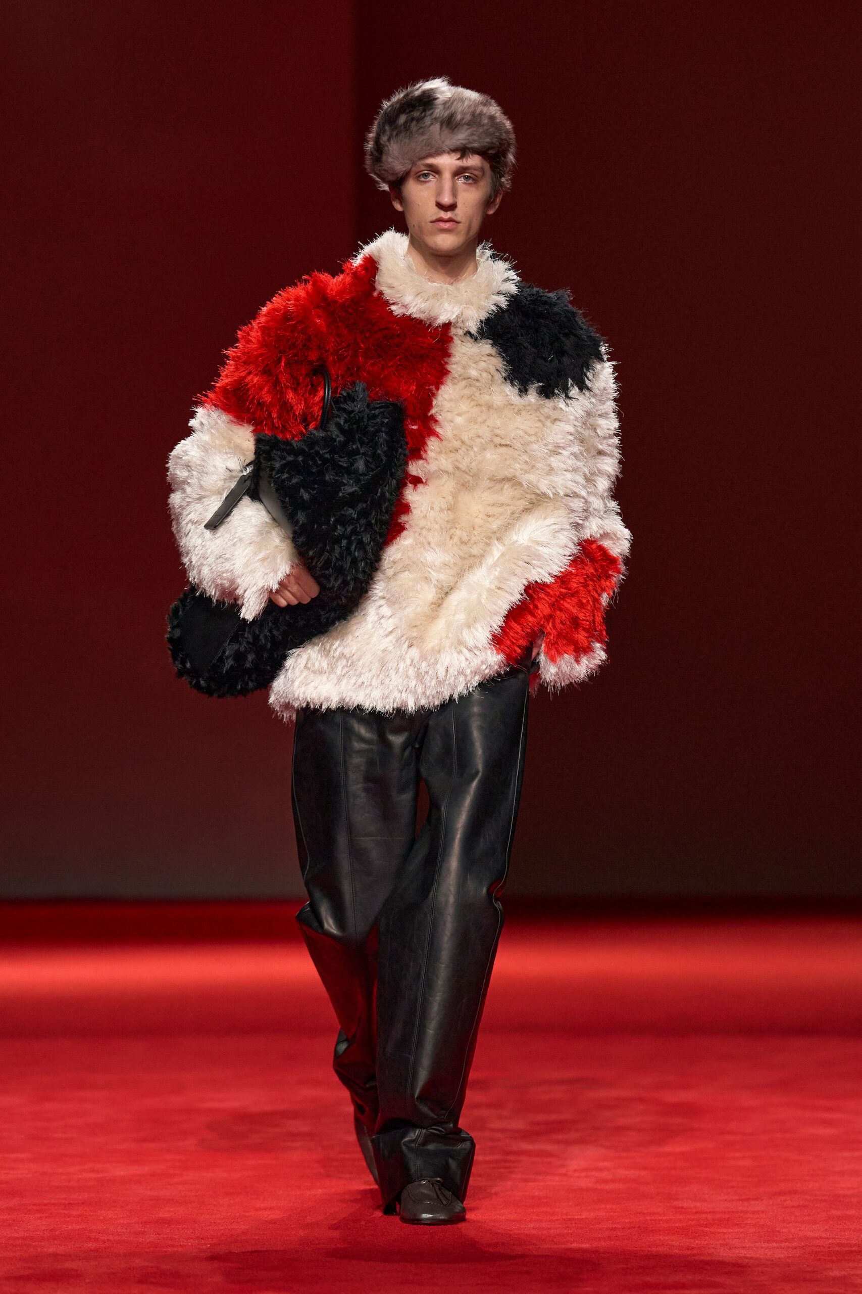 red fur long-sleeve relaxed color-blocked jacket