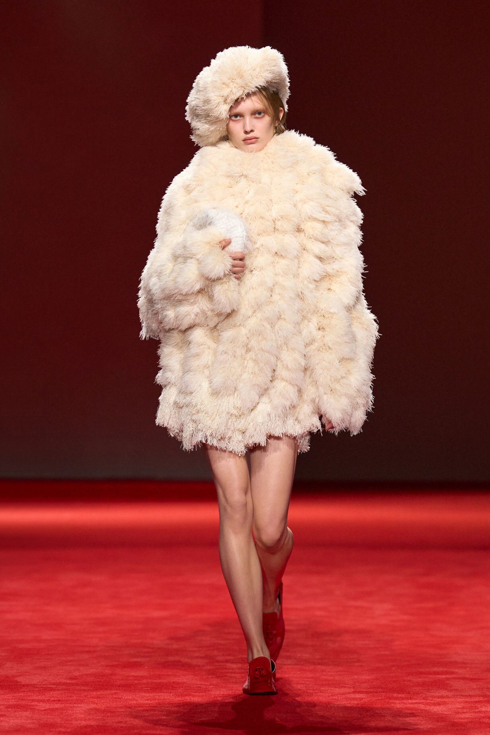 white faux-fur oversized layered short coat