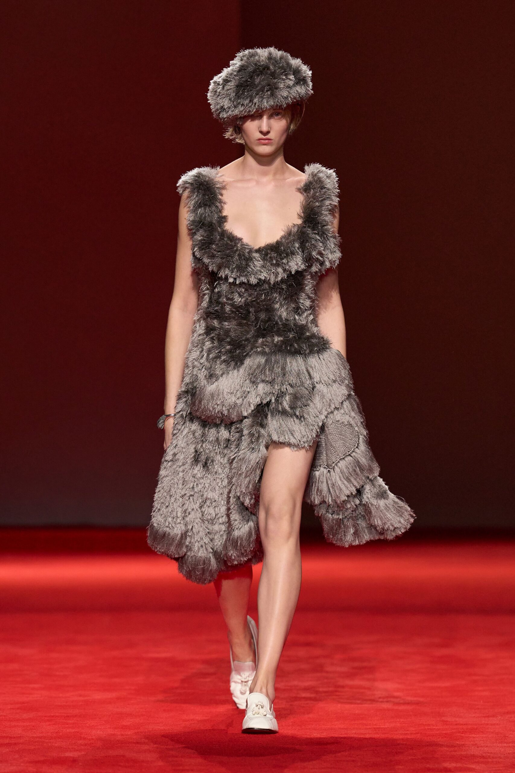 gray fur sleeveless v-neck fitted ruffled mini dress
