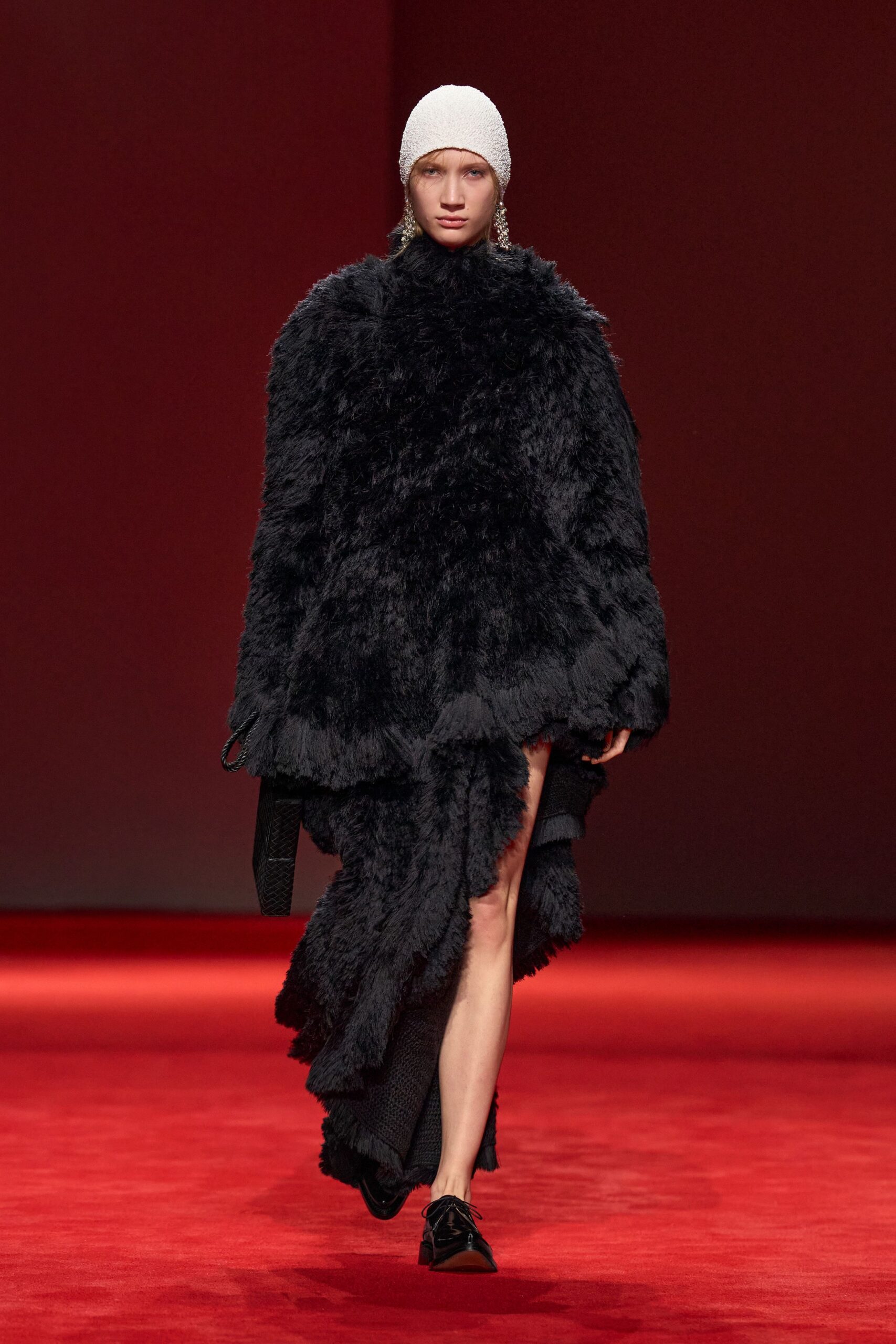black faux-fur relaxed draped midi cape