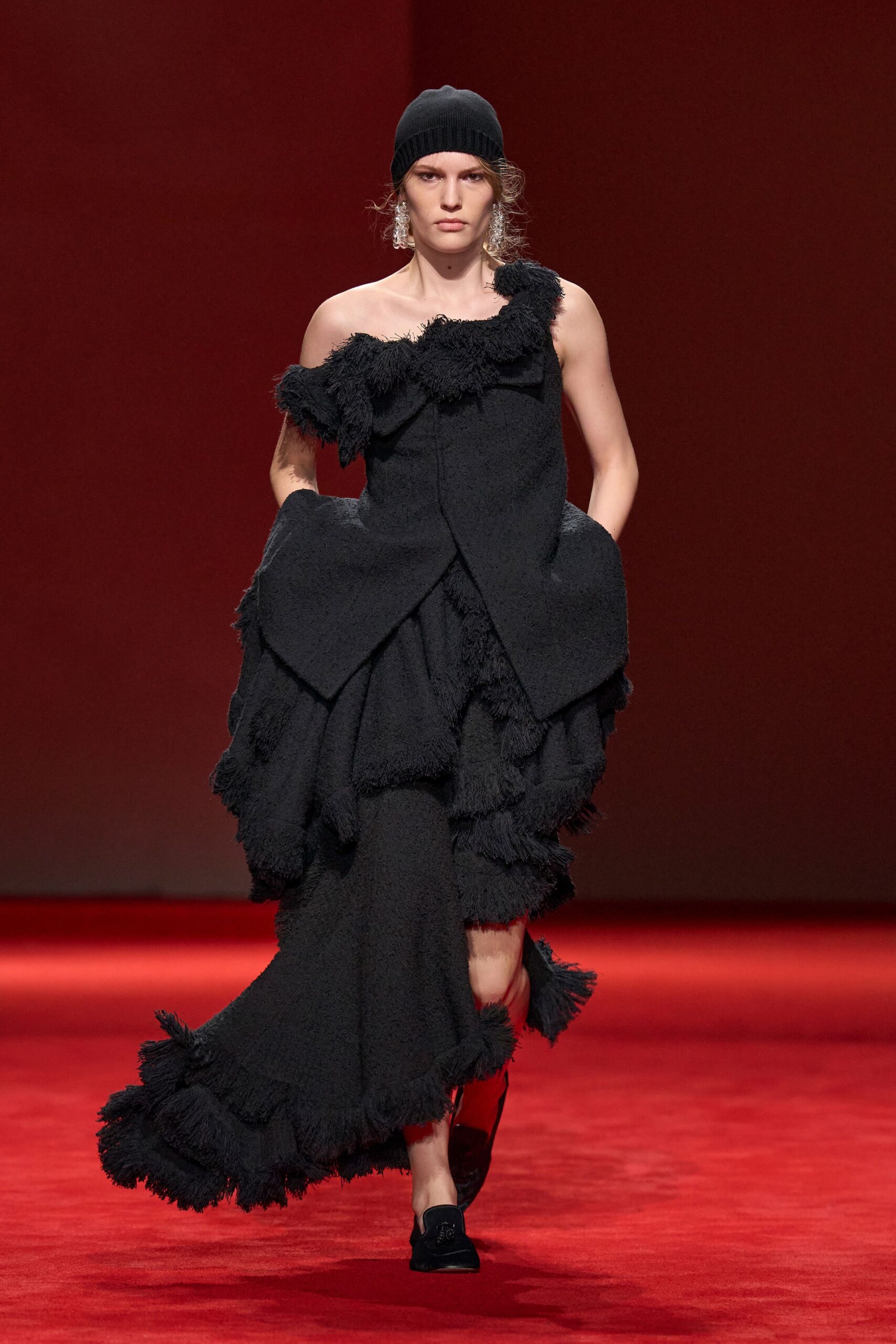 black wool strapless fitted ruffled draped maxi gown